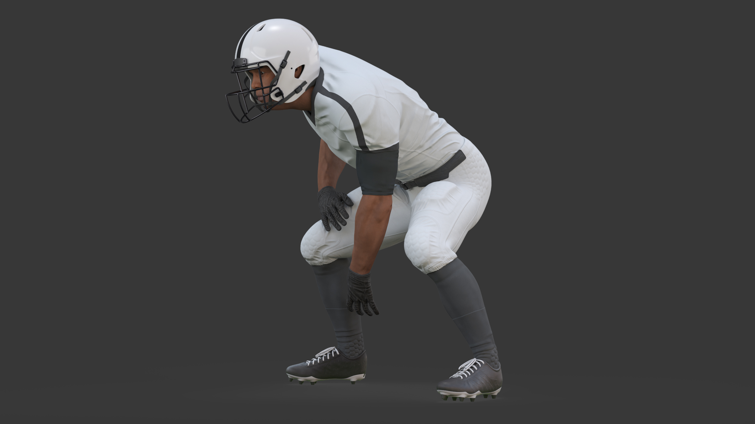 3D American Football Player Crouching Black Man White Uniform model