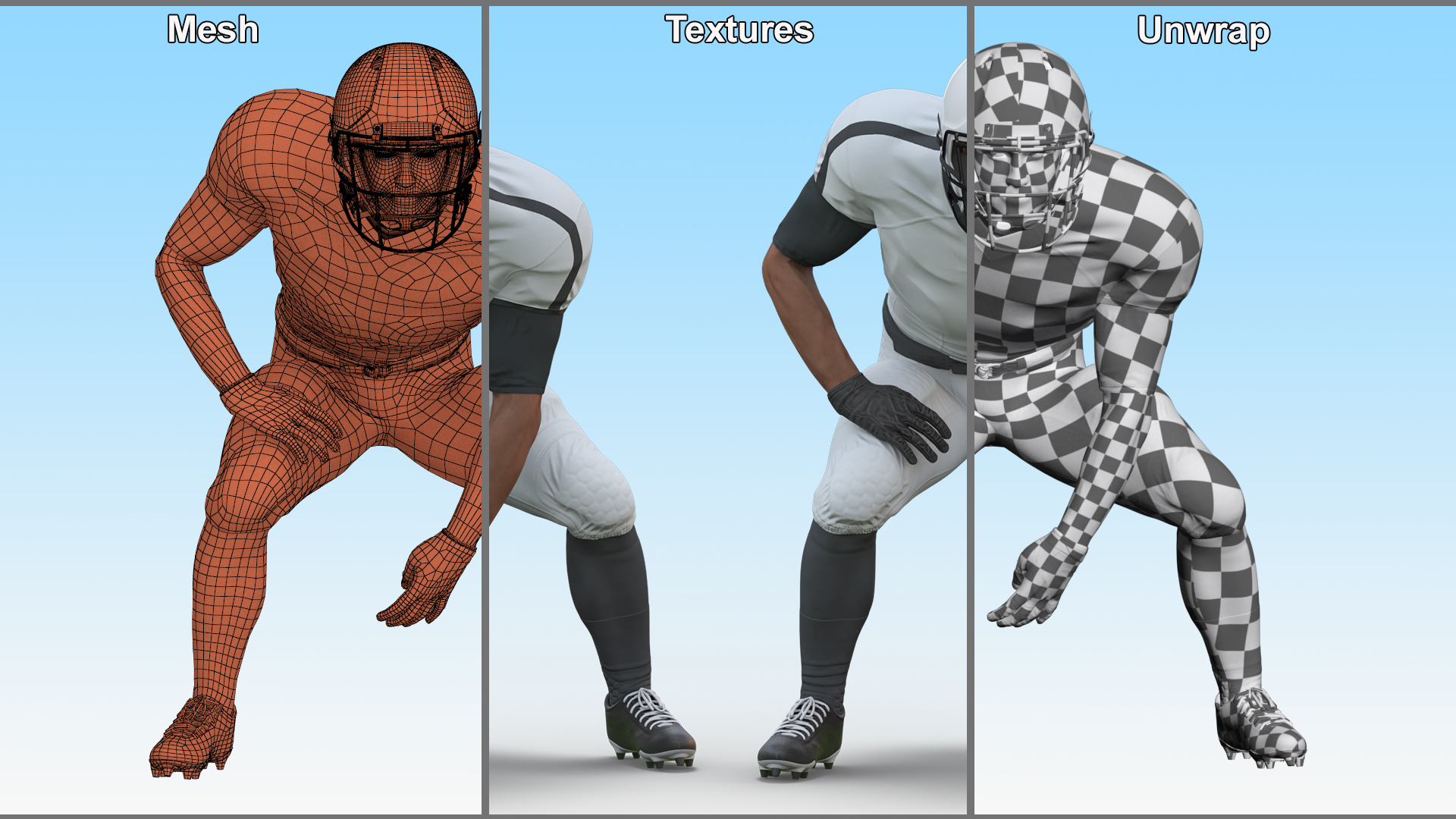 3D American Football Player Crouching Black Man White Uniform model