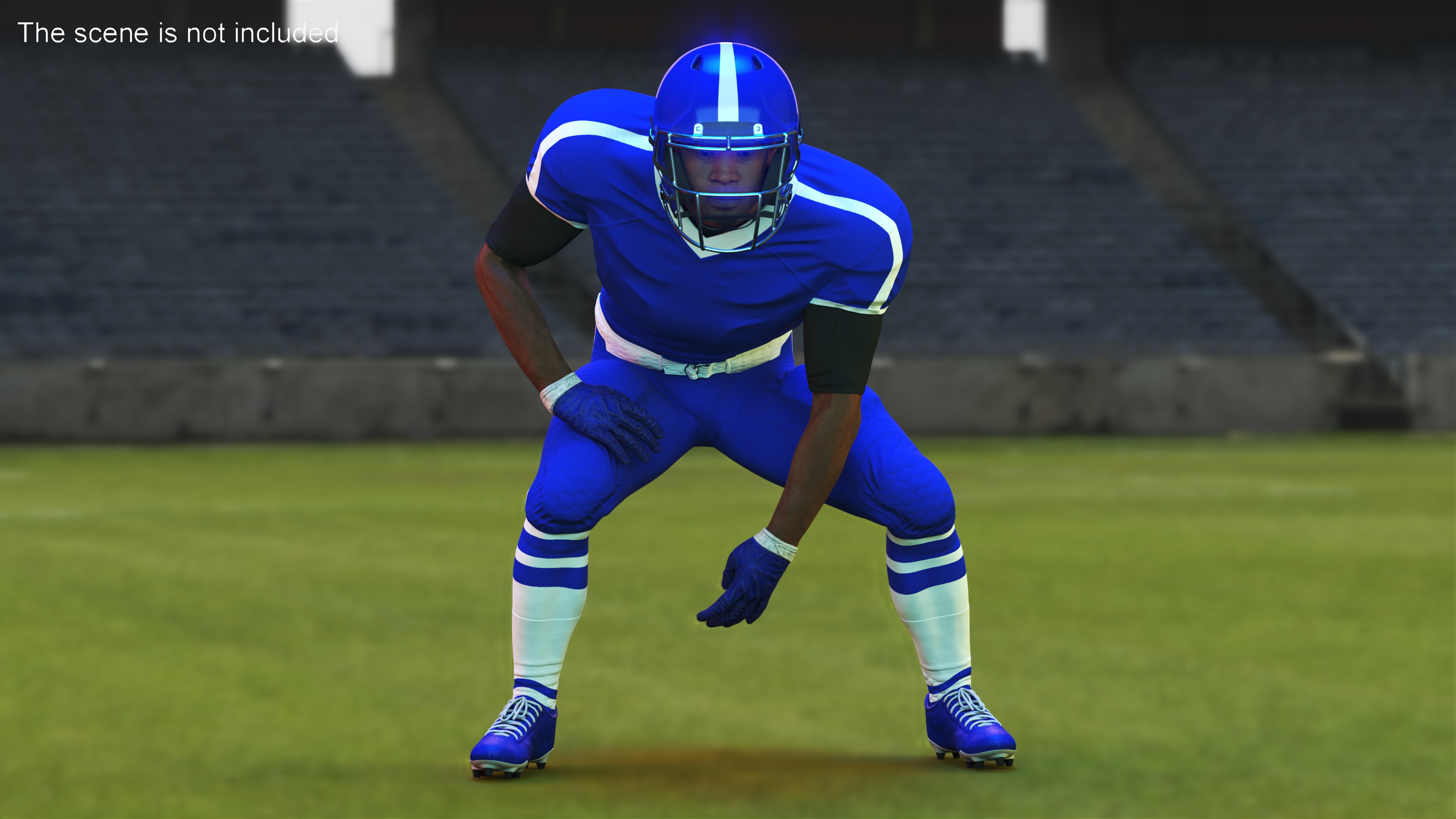 Black Man American Football Player Crouching Blue Uniform 3D