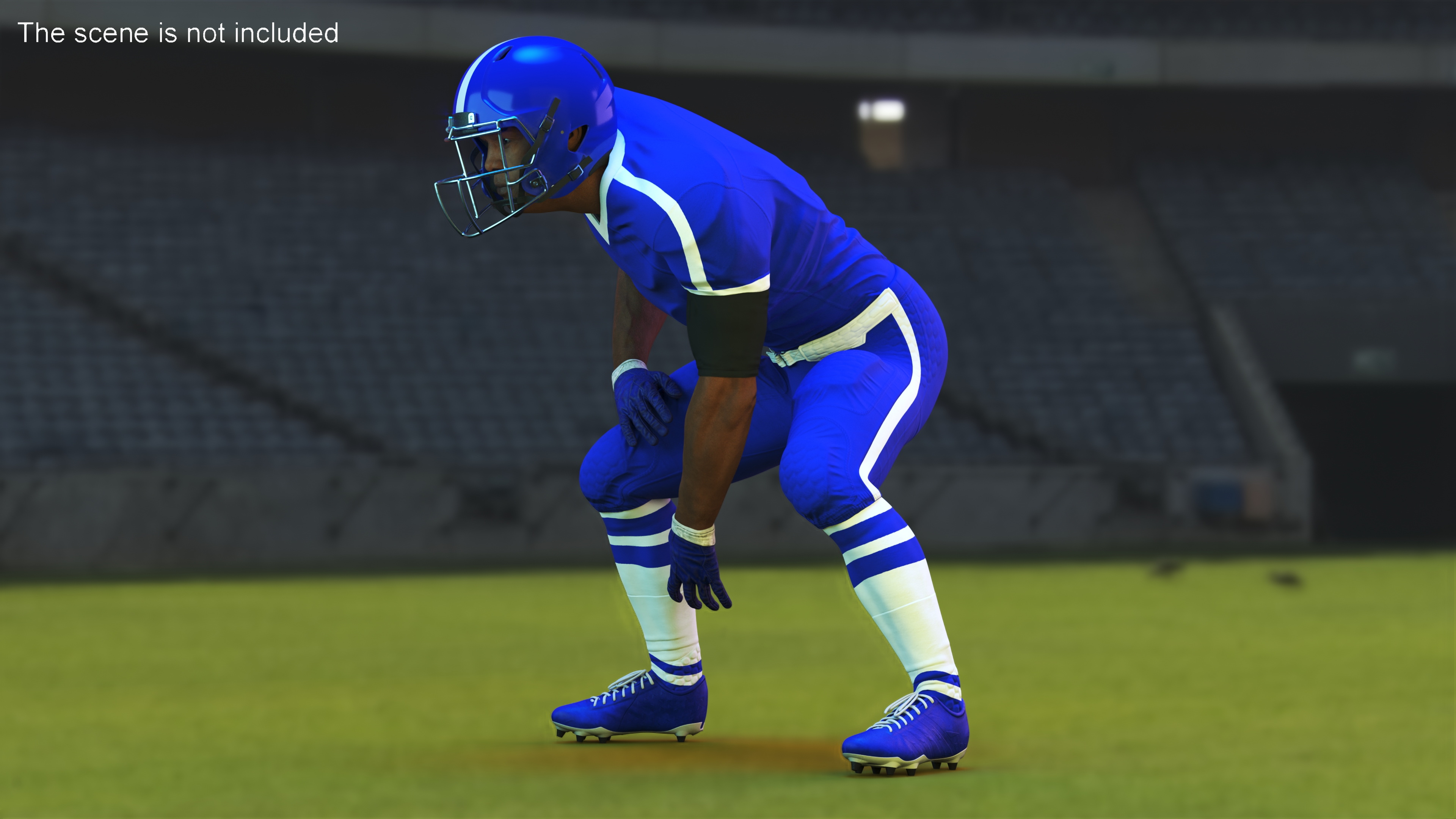 Black Man American Football Player Crouching Blue Uniform 3D