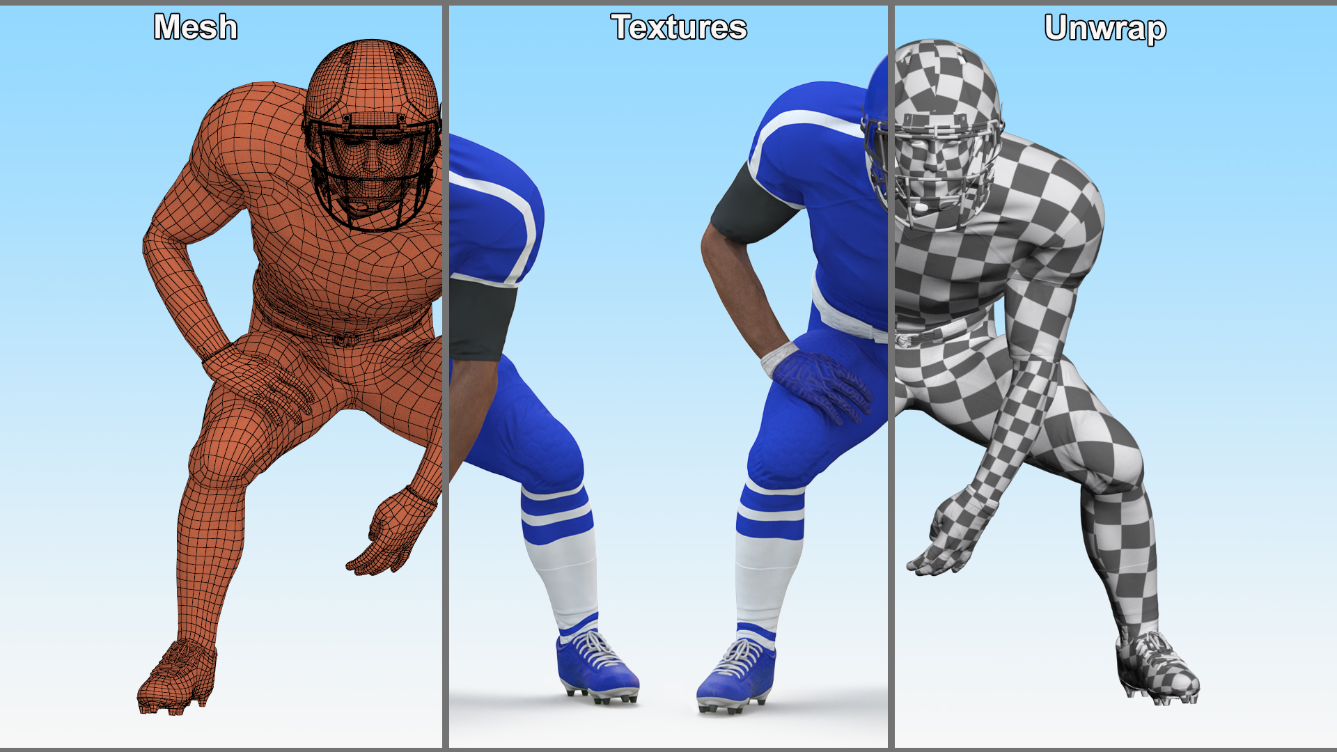 Black Man American Football Player Crouching Blue Uniform 3D