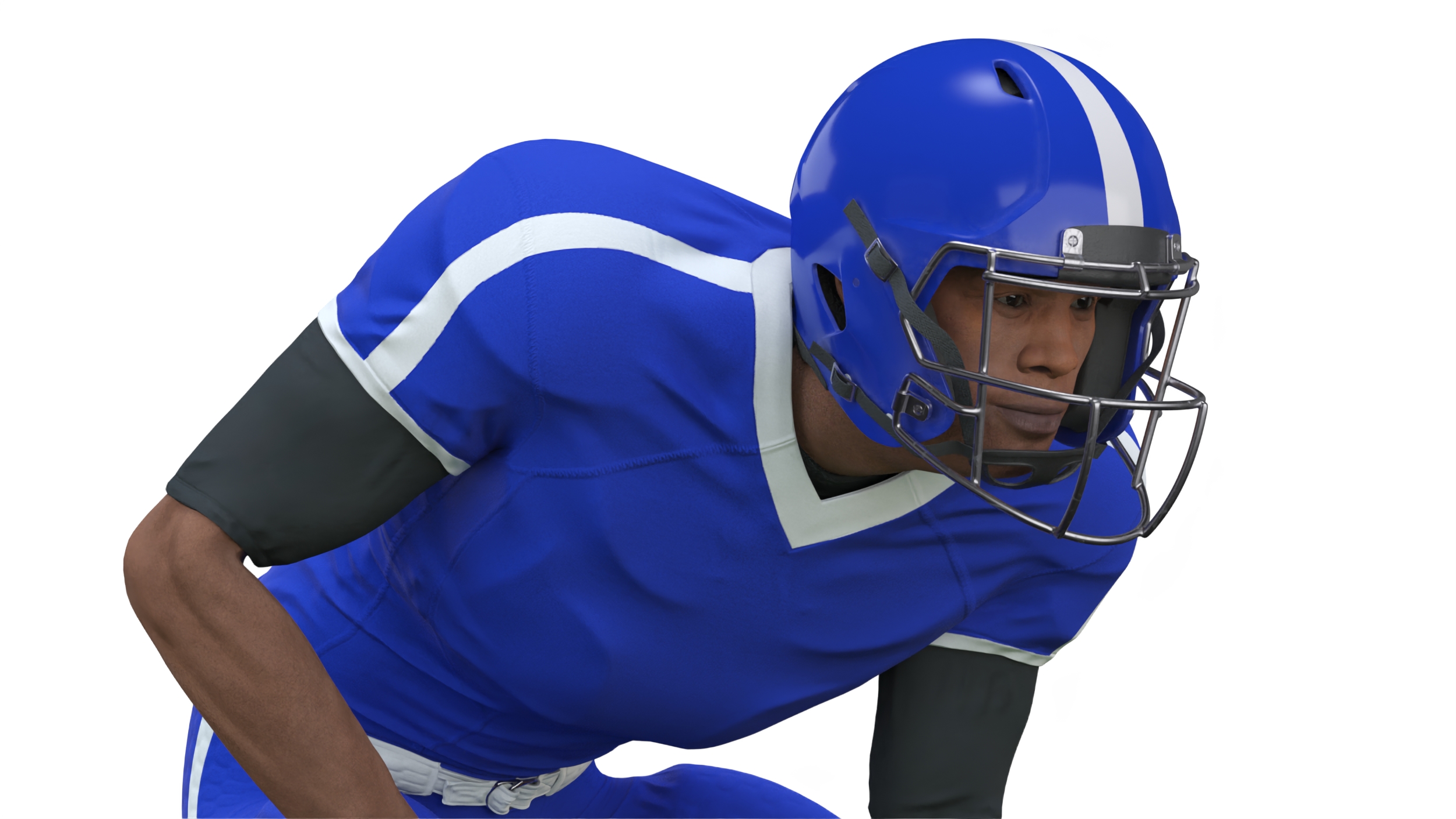 Black Man American Football Player Crouching Blue Uniform 3D