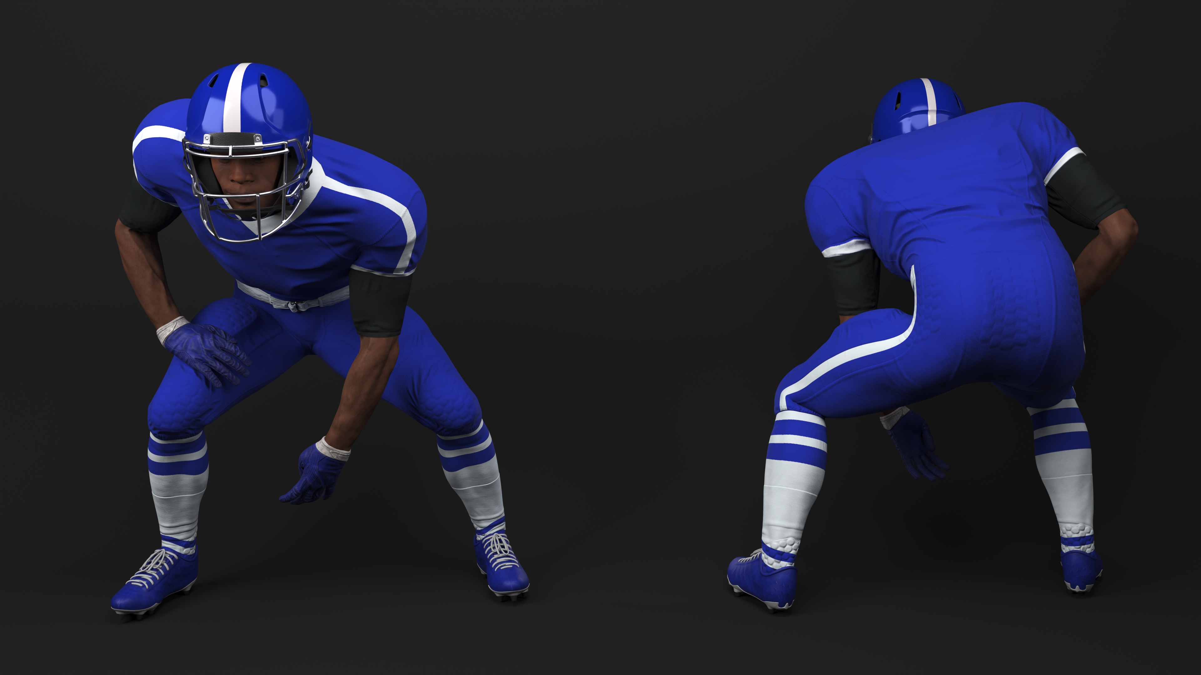 Black Man American Football Player Crouching Blue Uniform 3D