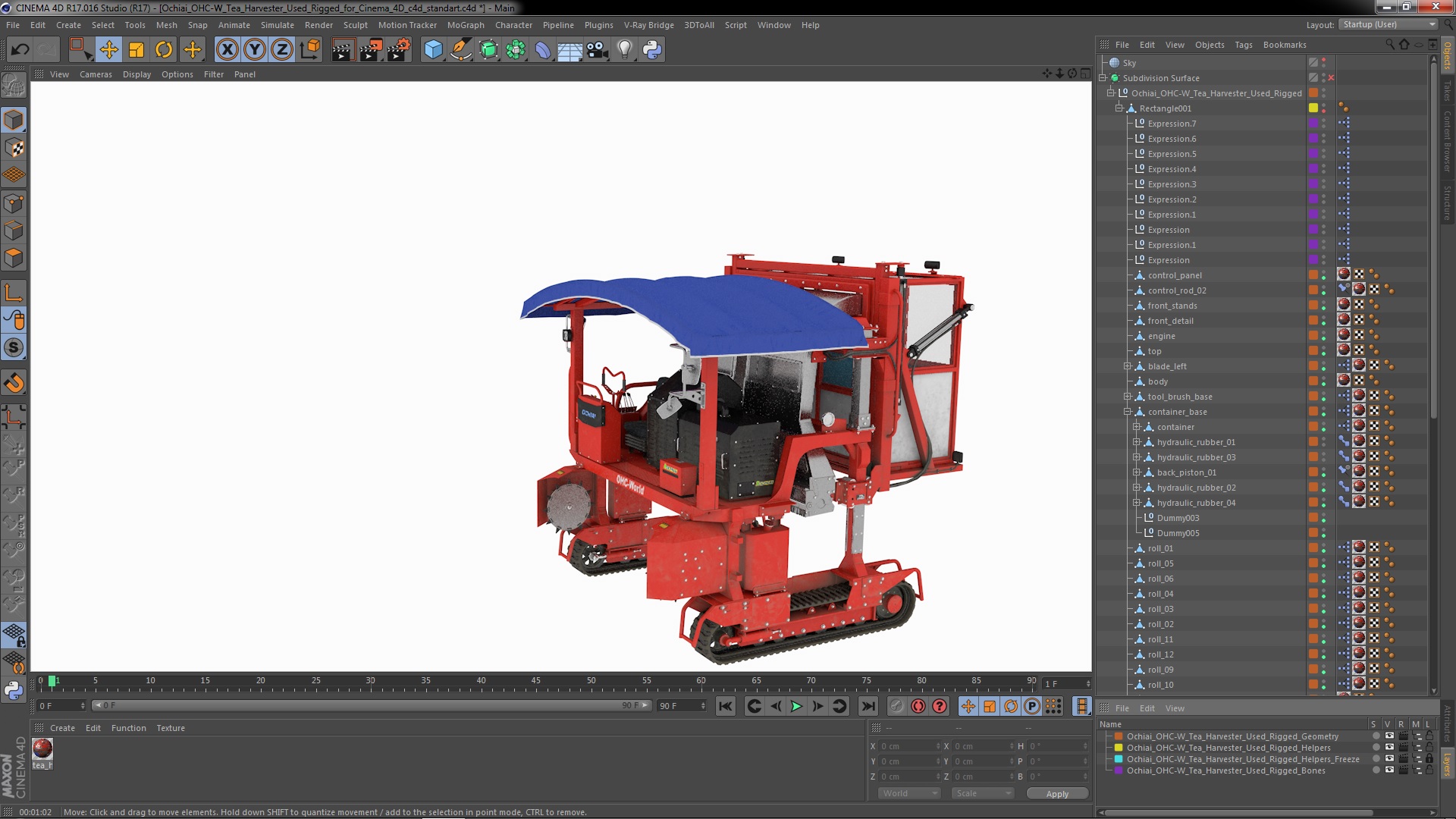 Ochiai OHC-W Tea Harvester Used Rigged for Cinema 4D 3D