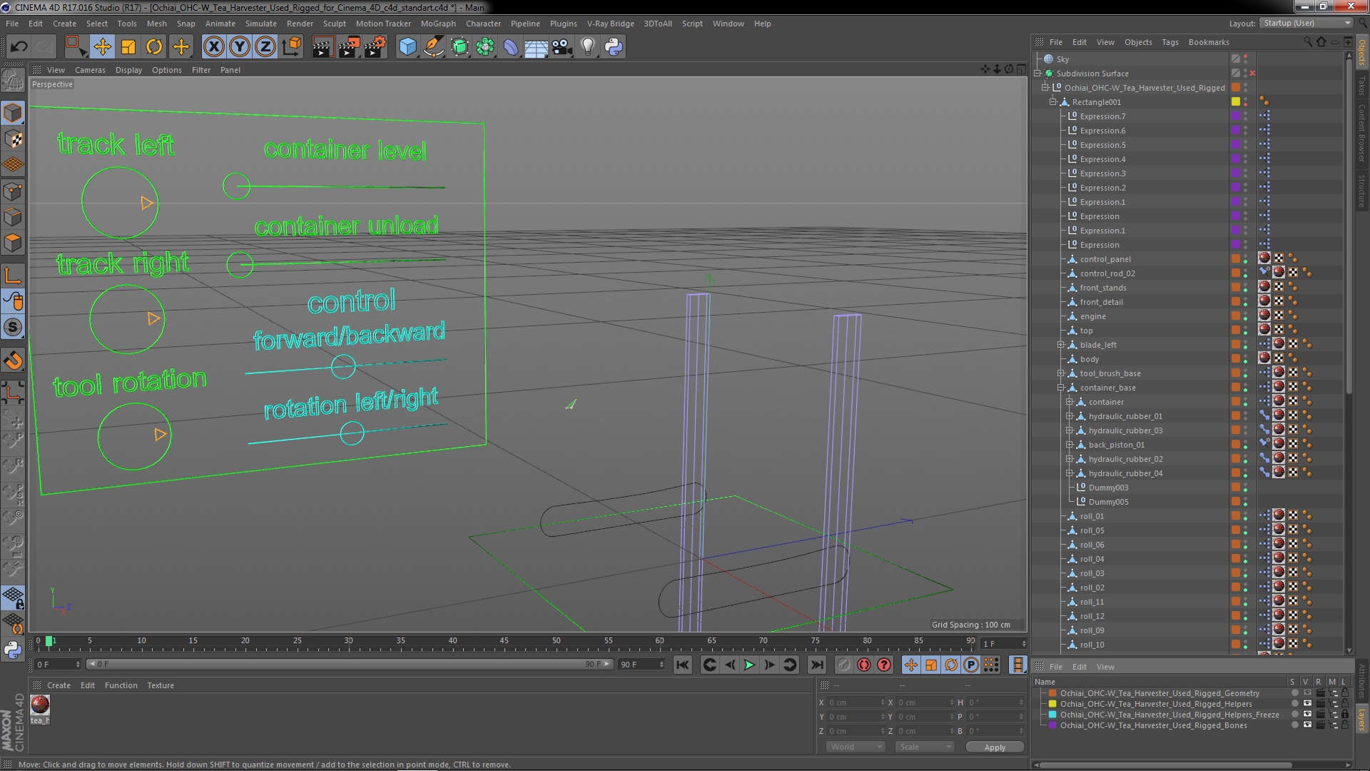 Ochiai OHC-W Tea Harvester Used Rigged for Cinema 4D 3D