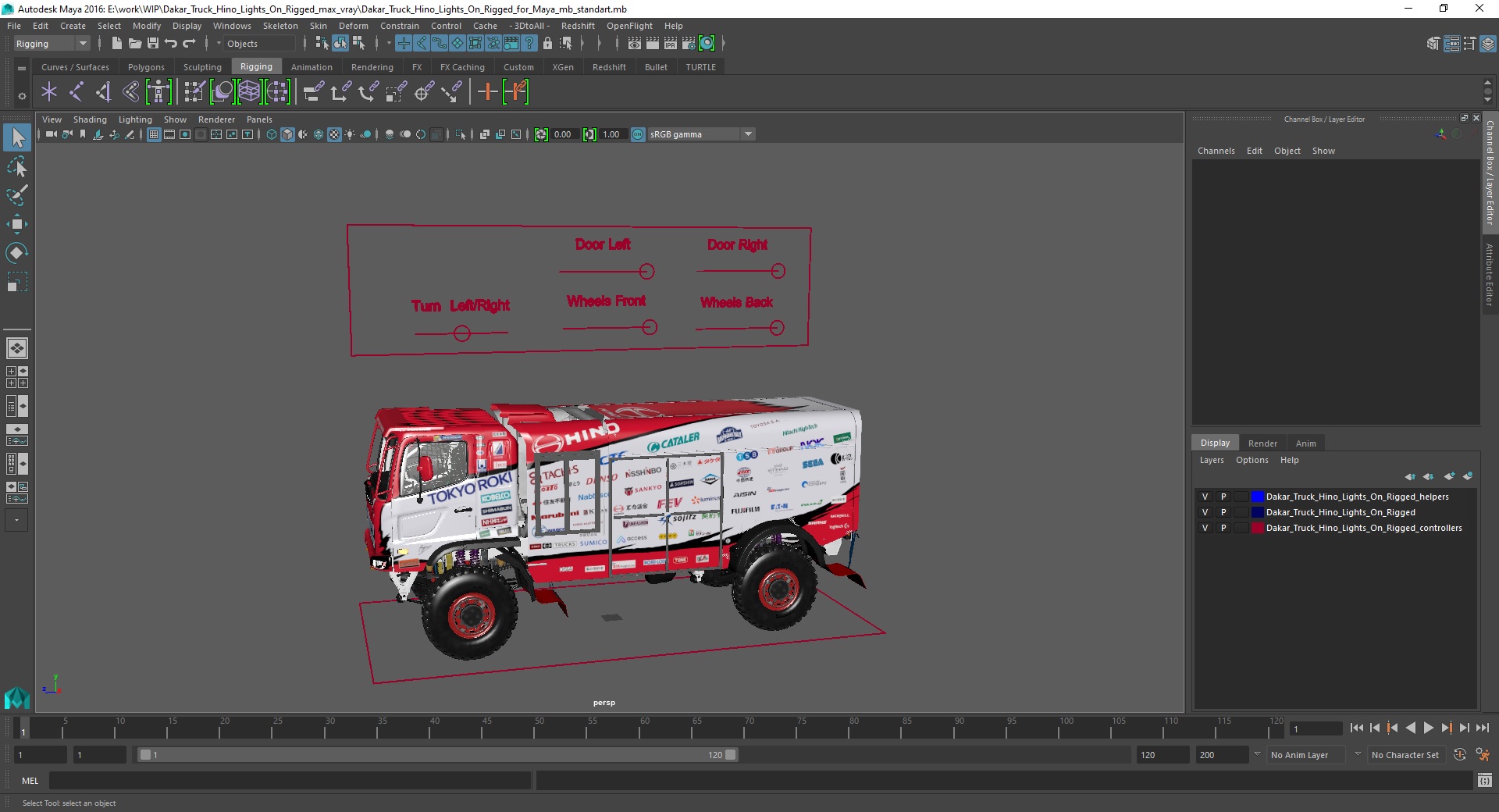 Dakar Truck Hino Lights On Rigged for Maya 3D