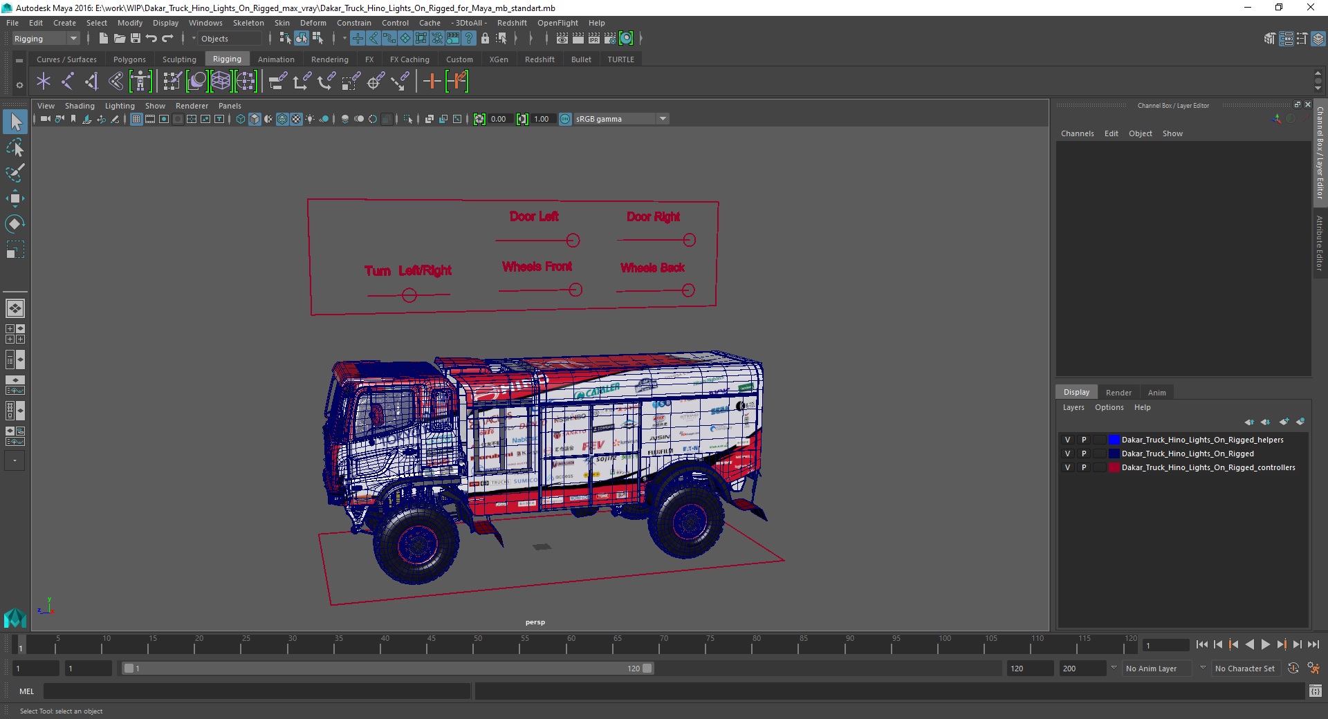 Dakar Truck Hino Lights On Rigged for Maya 3D