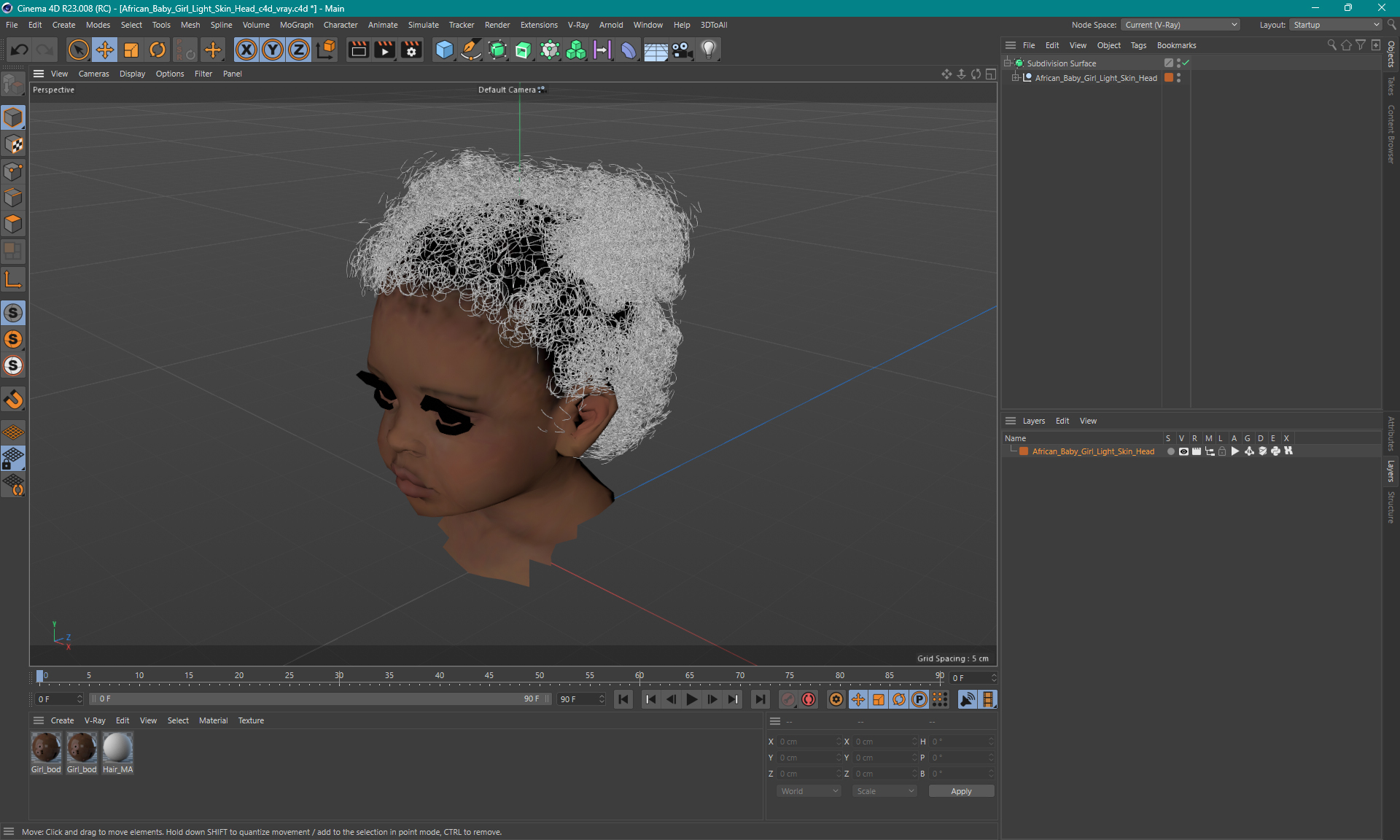 3D African Baby Girl Light Skin Head model