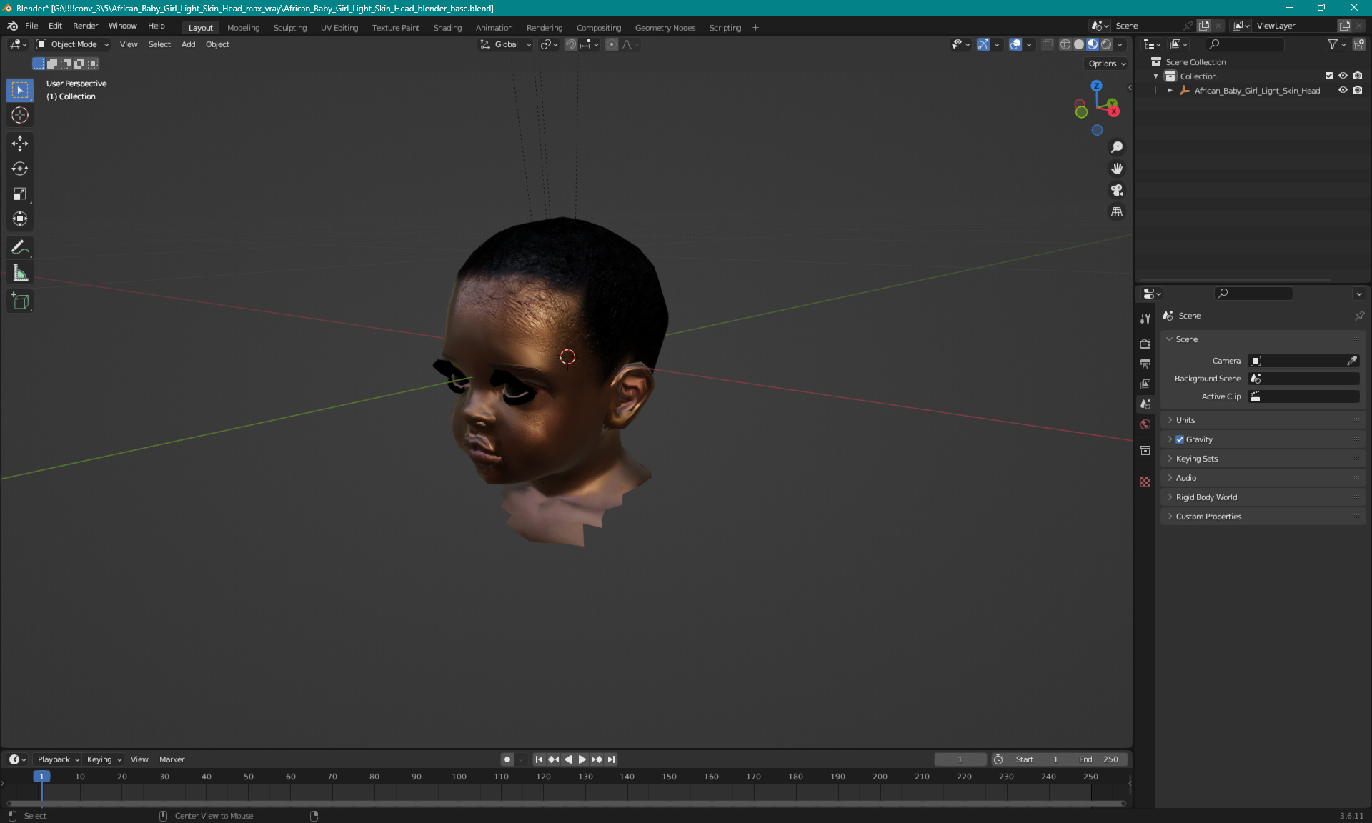 3D African Baby Girl Light Skin Head model