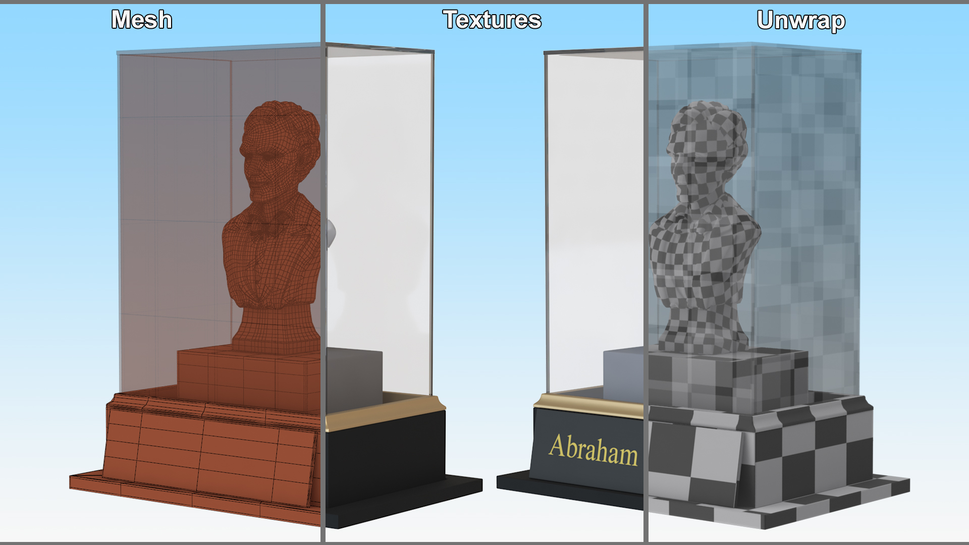 3D Gypsum Bust of Lincoln behind Protective Glass