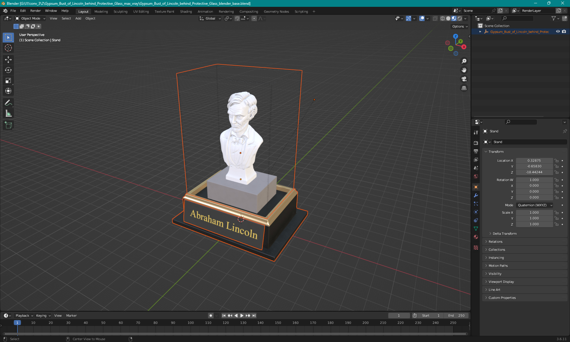 3D Gypsum Bust of Lincoln behind Protective Glass