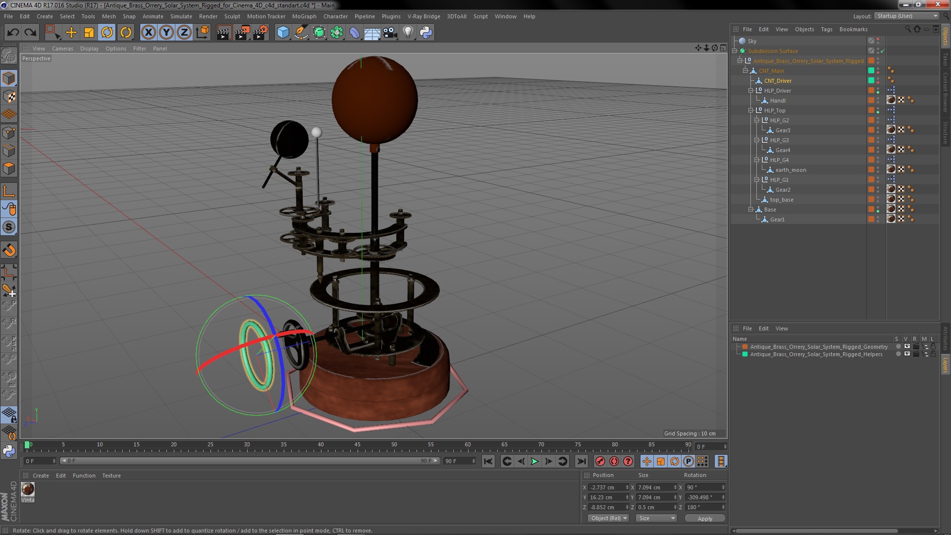 Antique Brass Orrery Solar System Rigged for Cinema 4D 3D model