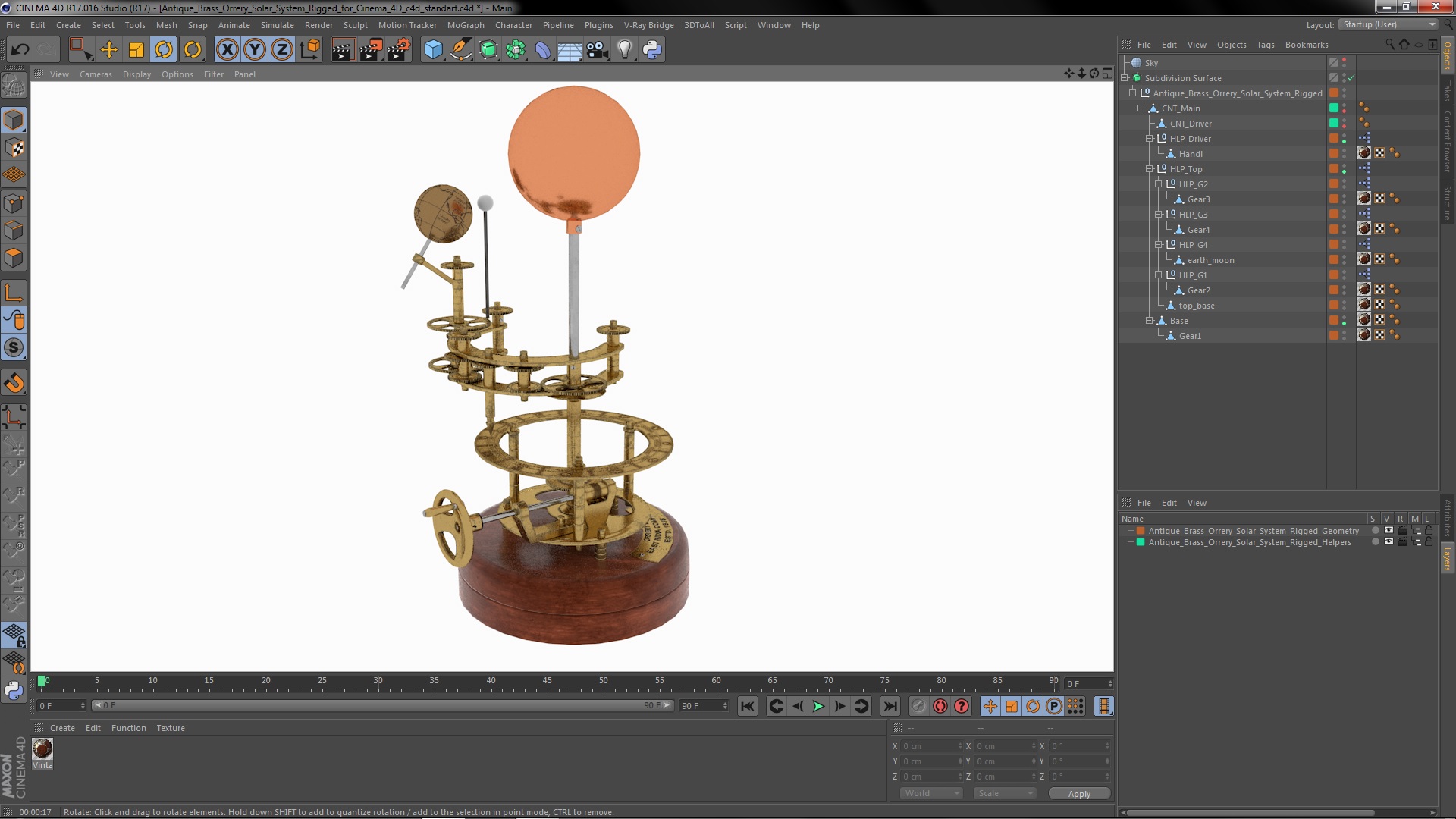 Antique Brass Orrery Solar System Rigged for Cinema 4D 3D model