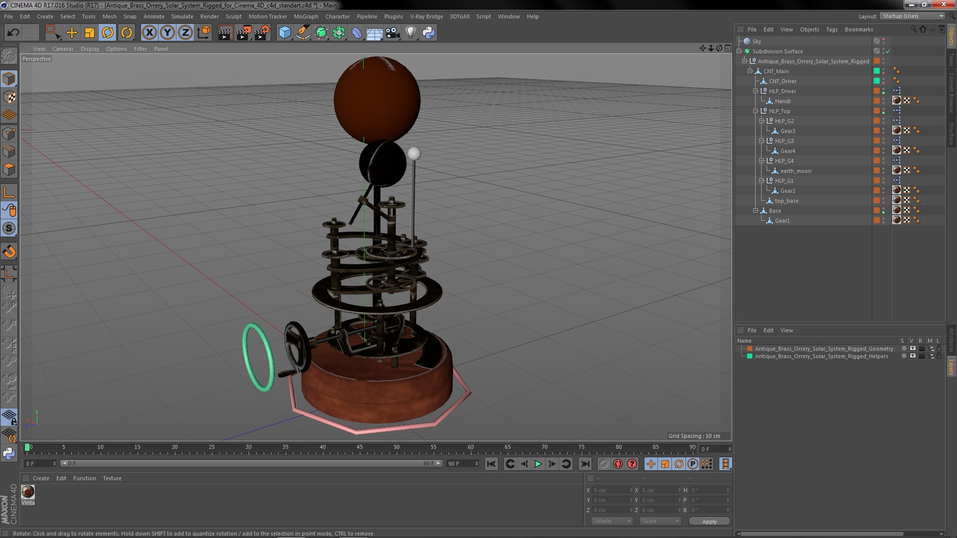 Antique Brass Orrery Solar System Rigged for Cinema 4D 3D model