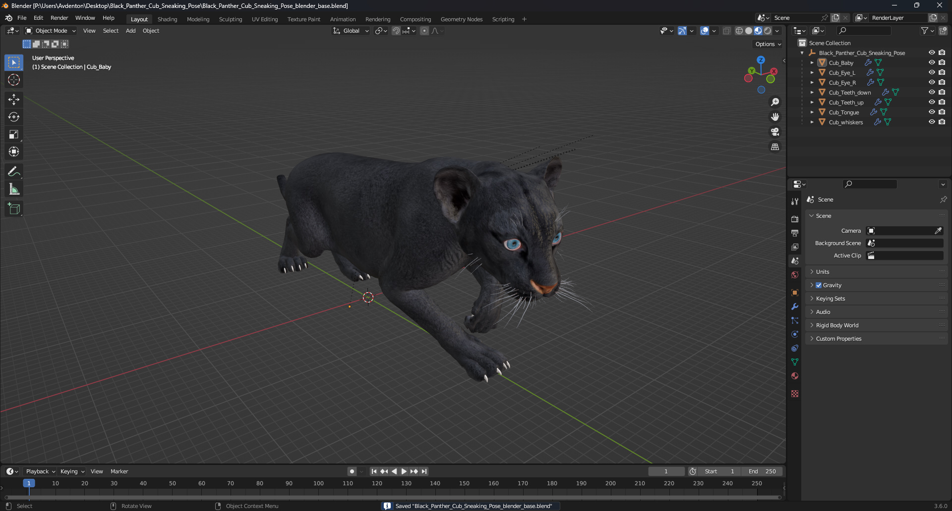 3D Black Panther Cub Sneaking Pose