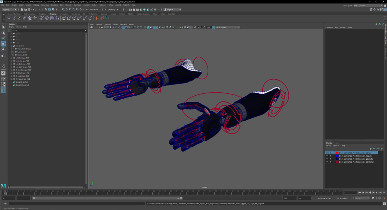 3D Brain Controlled Prosthetic Arms Rigged for Maya model