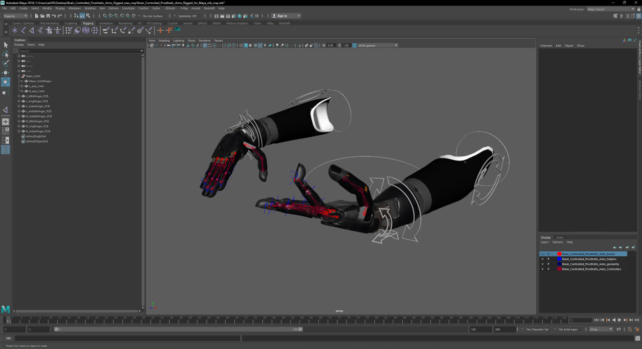 3D Brain Controlled Prosthetic Arms Rigged for Maya model