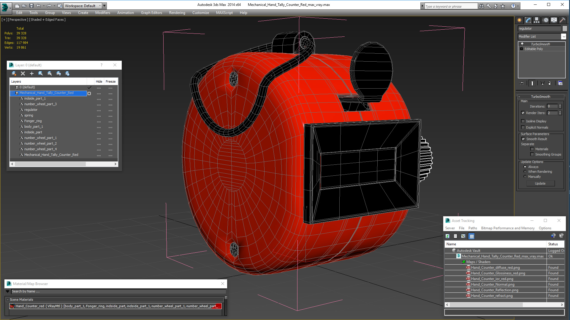 3D Mechanical Hand Tally Counter Red model