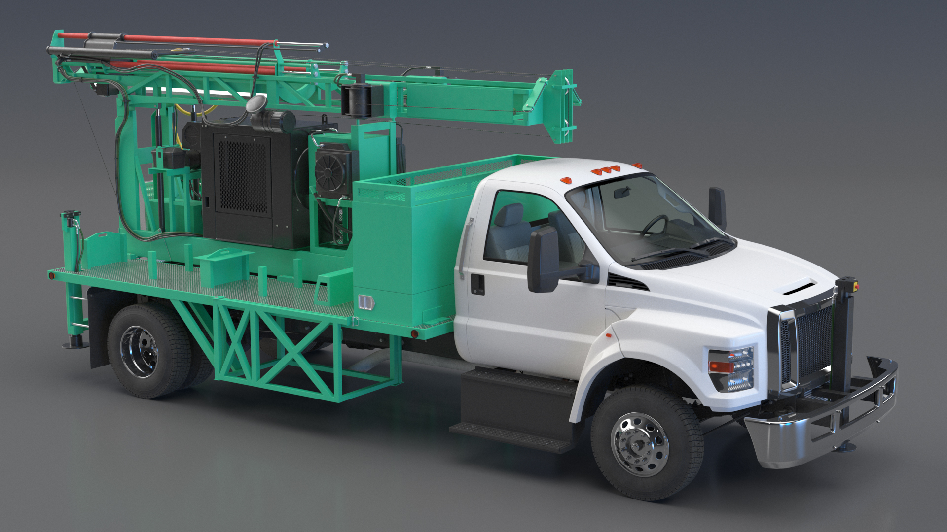 3D Truck-based Mobile Drill Rig Green Rigged