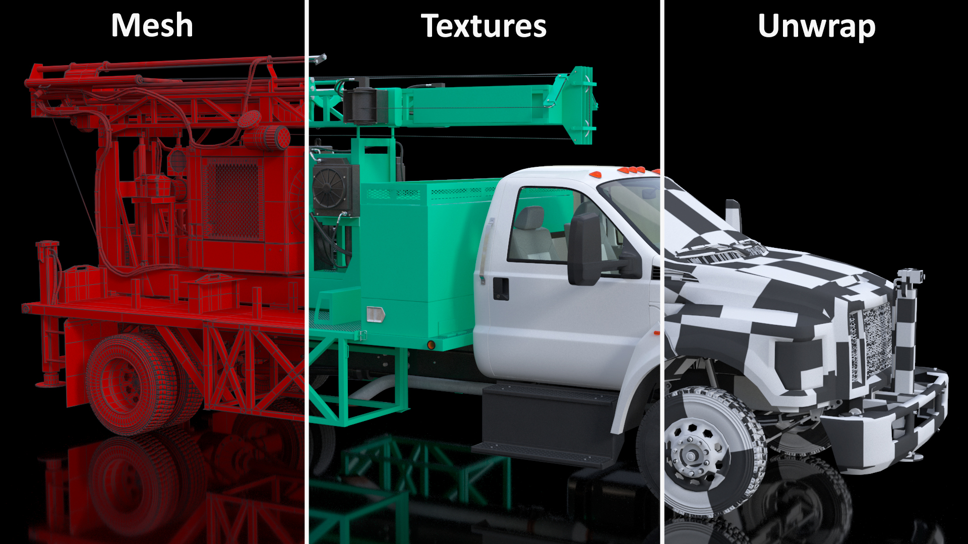 3D Truck-based Mobile Drill Rig Green Rigged