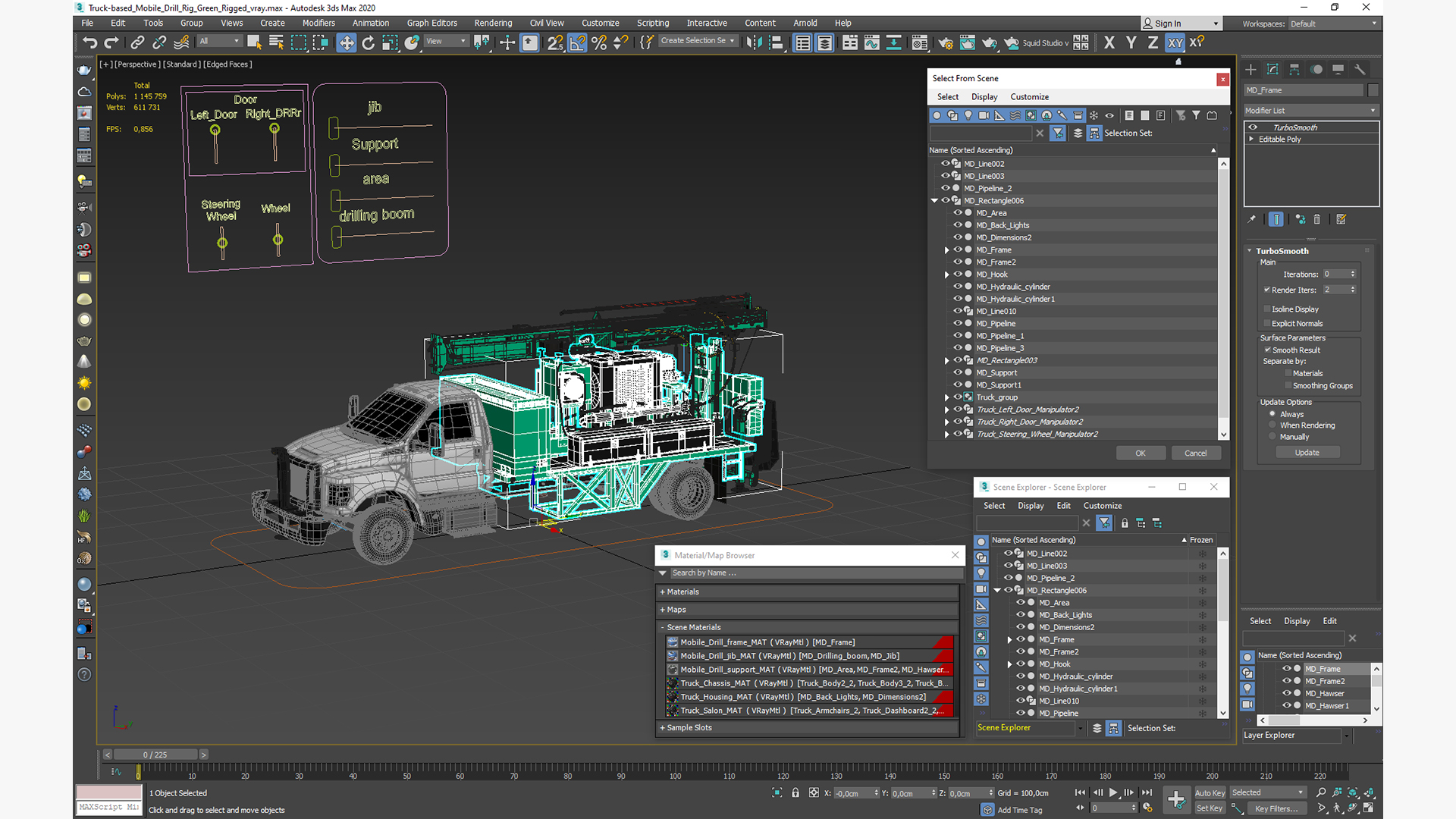 3D Truck-based Mobile Drill Rig Green Rigged