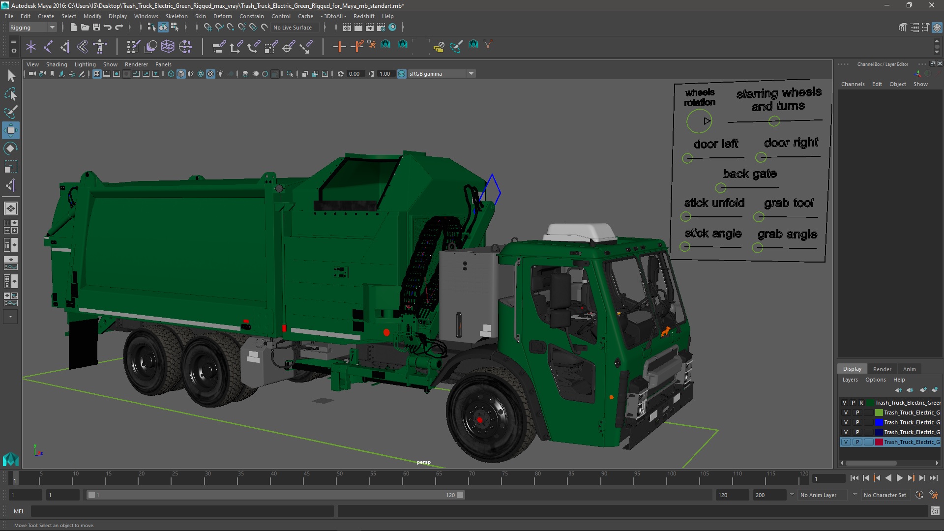 Trash Truck Electric Green Rigged for Maya 3D