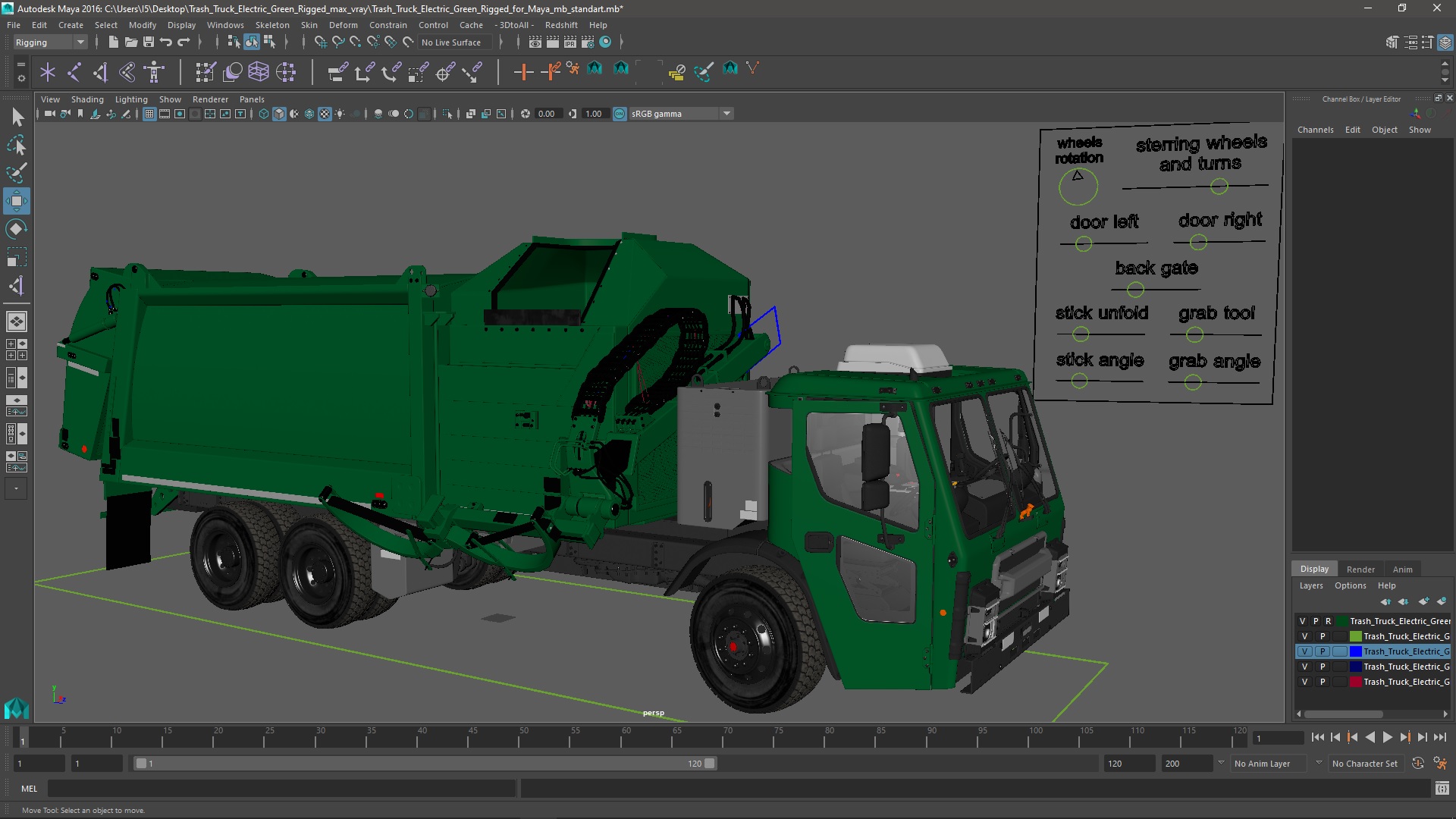 Trash Truck Electric Green Rigged for Maya 3D