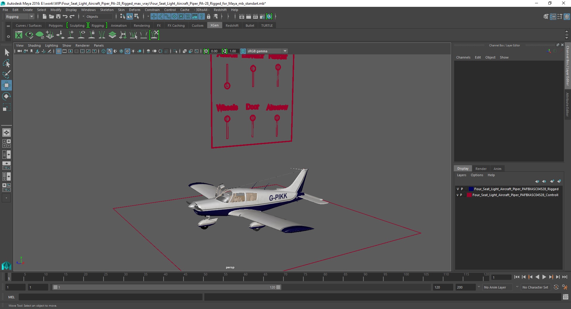 Four Seat Light Aircraft Piper PA-28 Rigged for Maya 3D