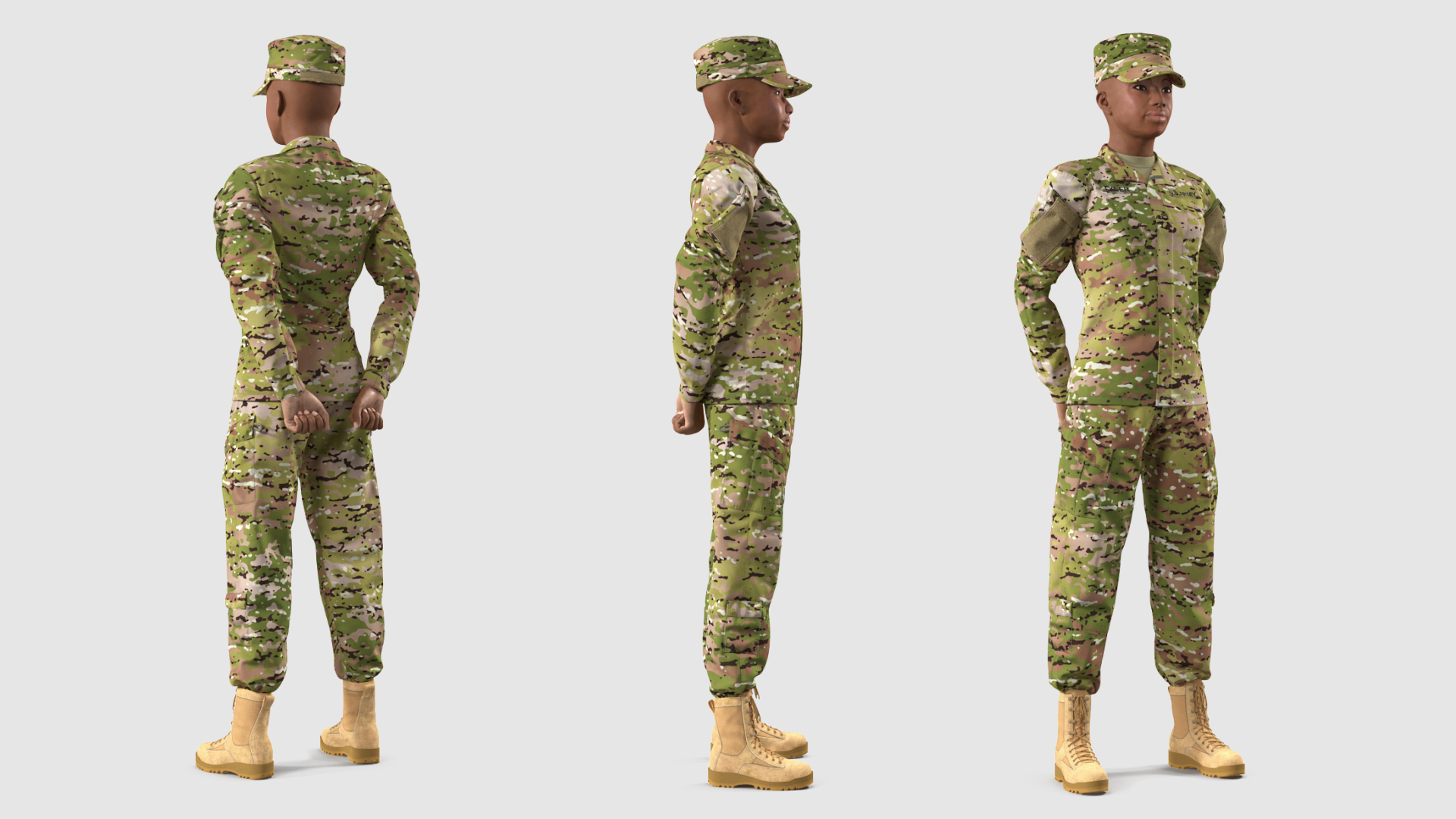 3D Black Female Soldier Camouflage Green Standing Pose