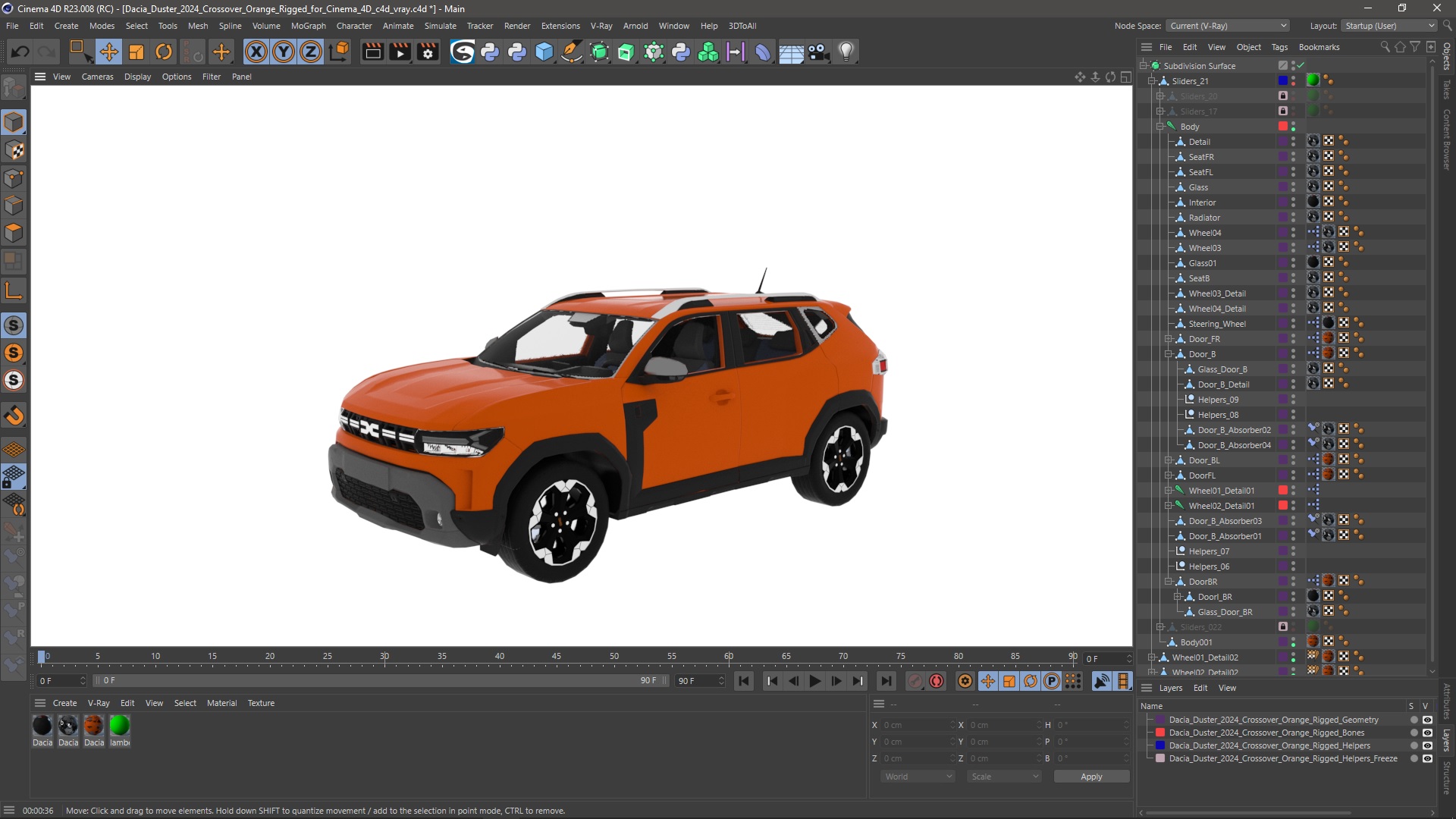 3D model Dacia Duster 2024 Crossover Orange Rigged for Cinema 4D