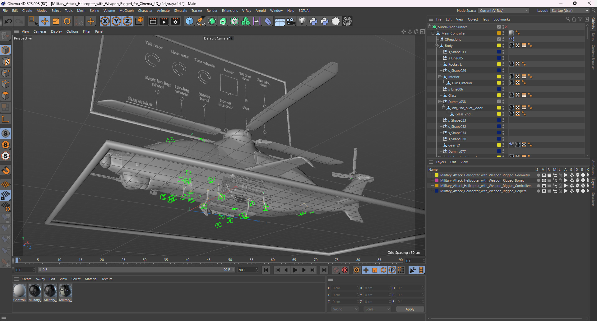 Military Attack Helicopter with Weapon Rigged for Cinema 4D 3D model