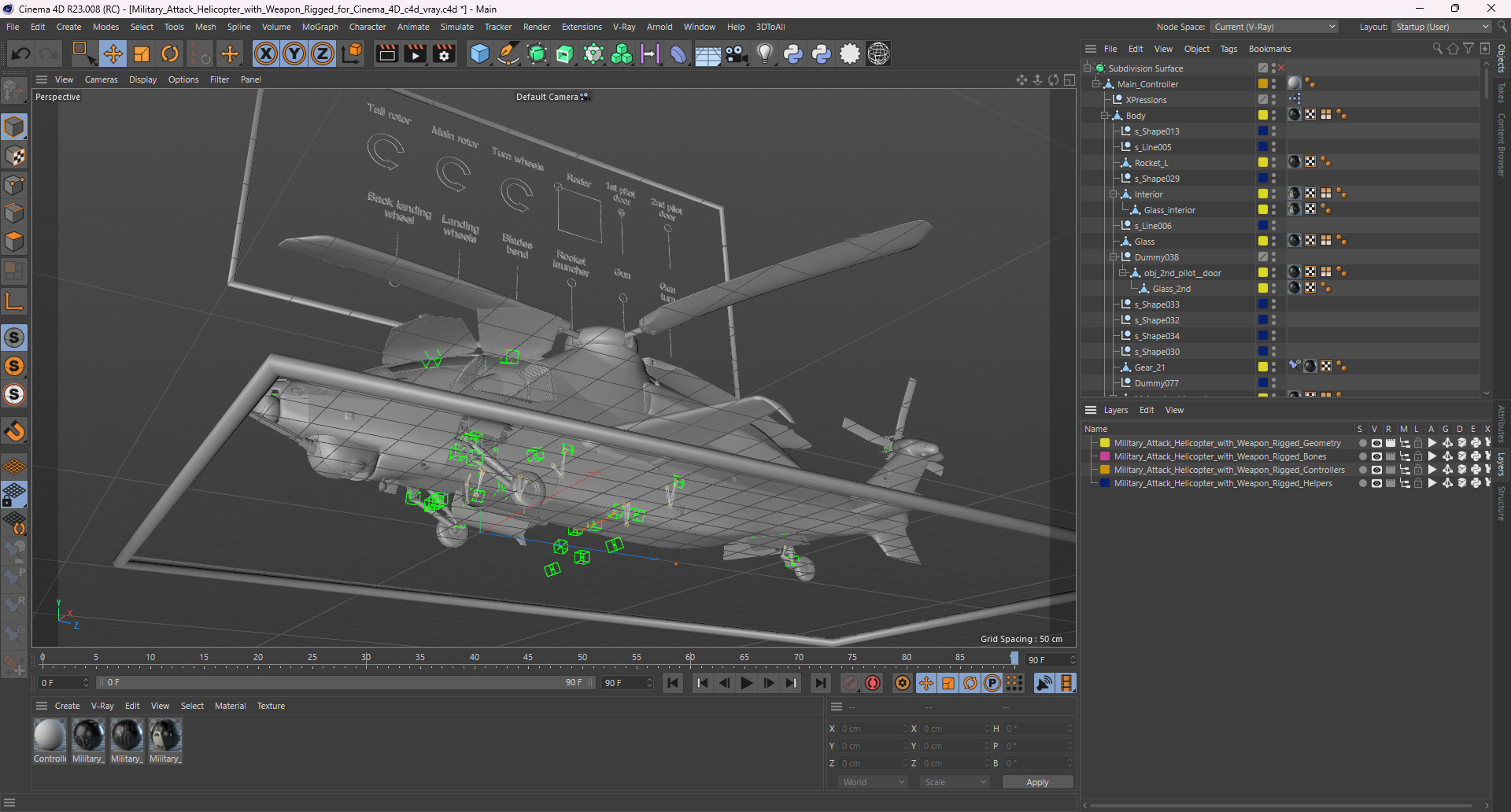 Military Attack Helicopter with Weapon Rigged for Cinema 4D 3D model