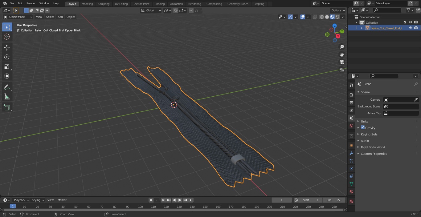 Nylon Coil Closed End Zipper Black 3D model