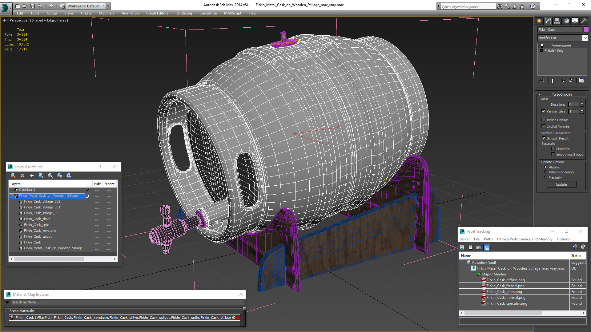 3D Firkin Metal Cask on Wooden Stillage