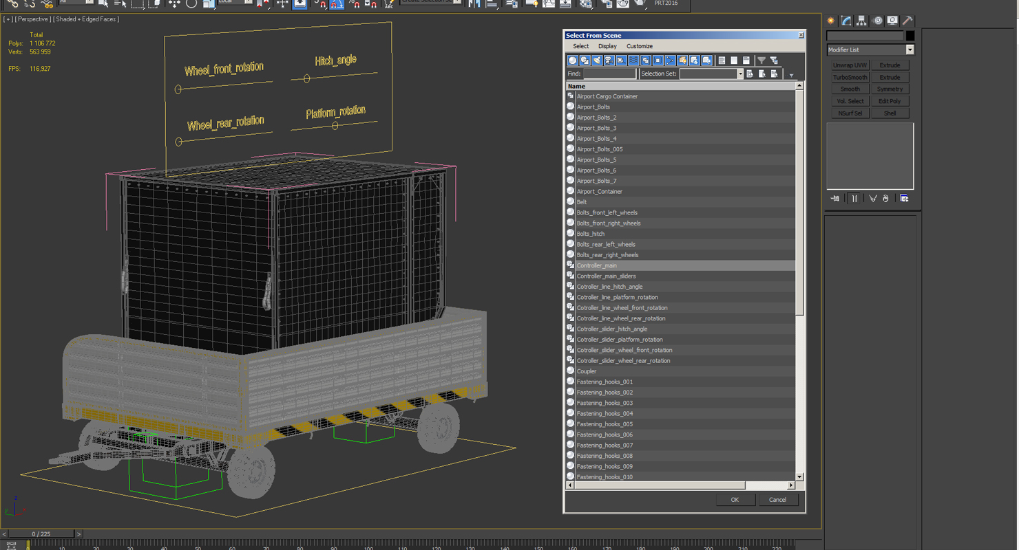 3D model Airport Luggage Trolley with Container Rigged