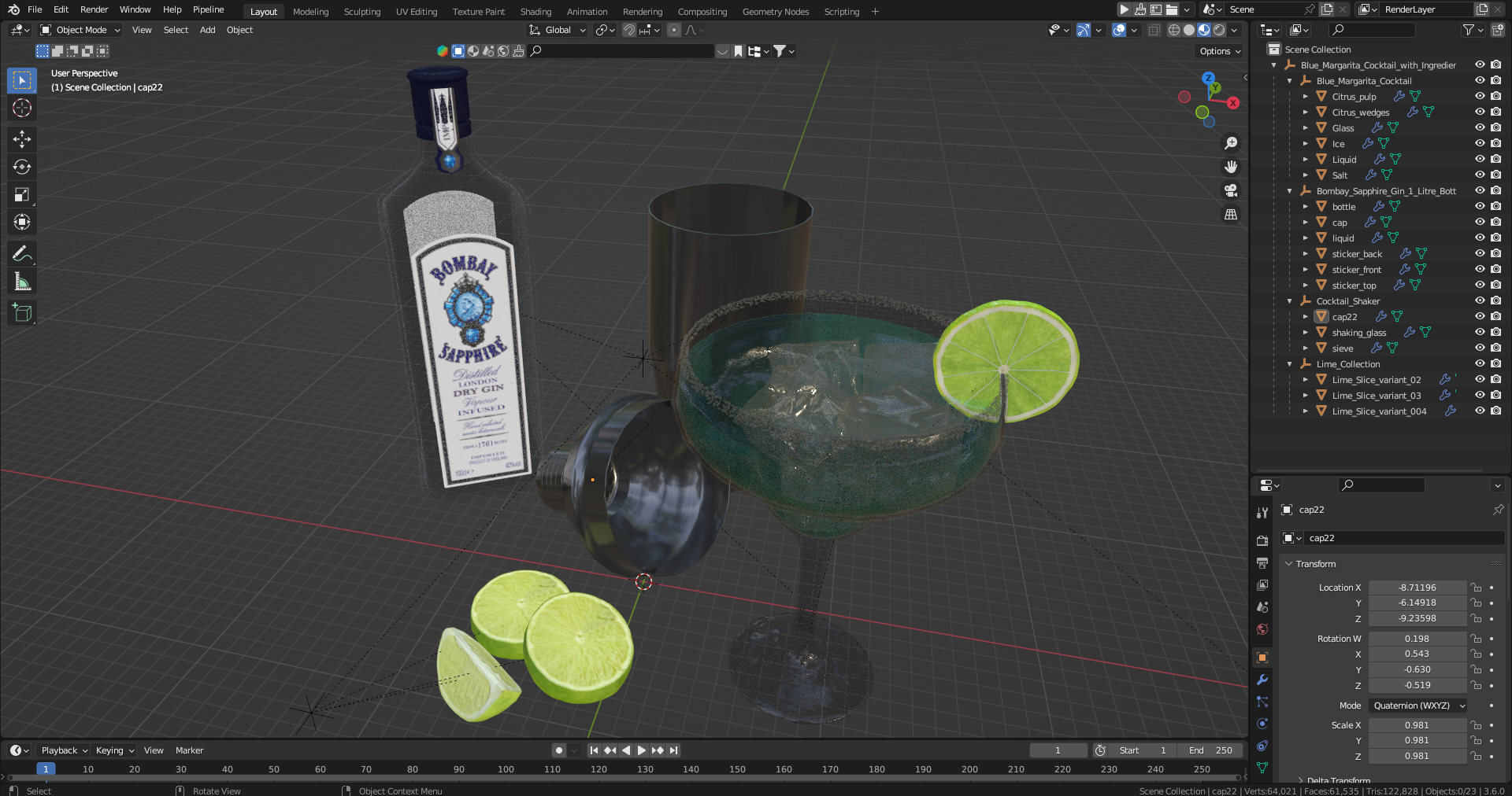 3D model Blue Margarita Cocktail with Ingredients