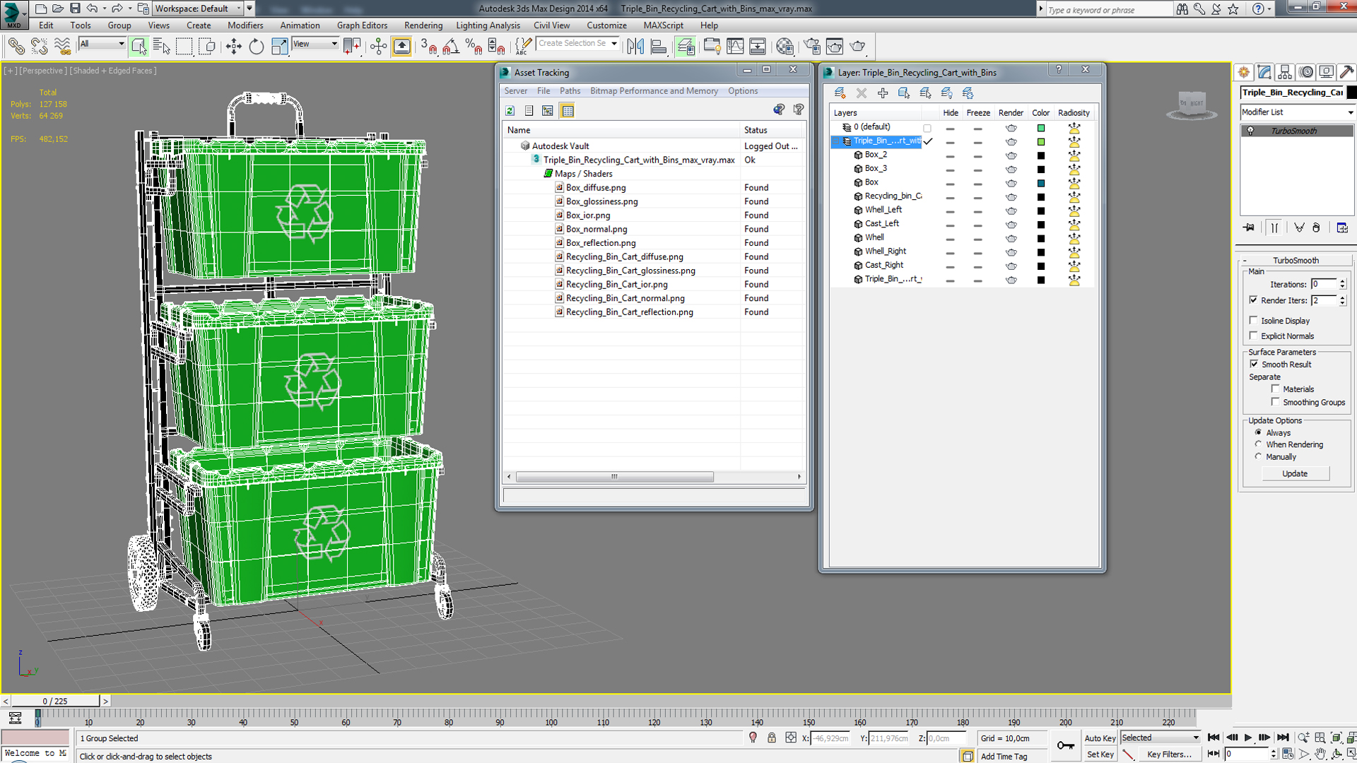 3D model Triple Bin Recycling Cart with Bins