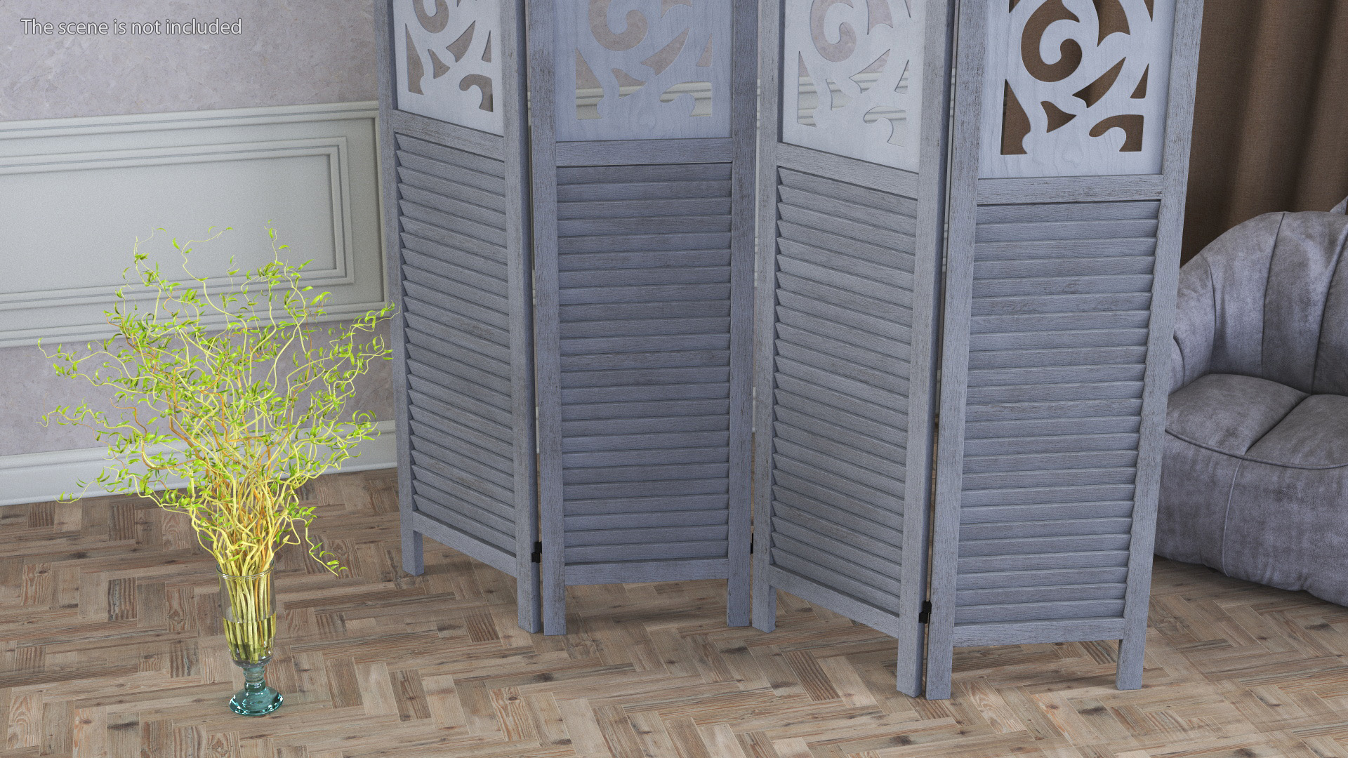 Gray Carved Wood Folding Room Divider 3D