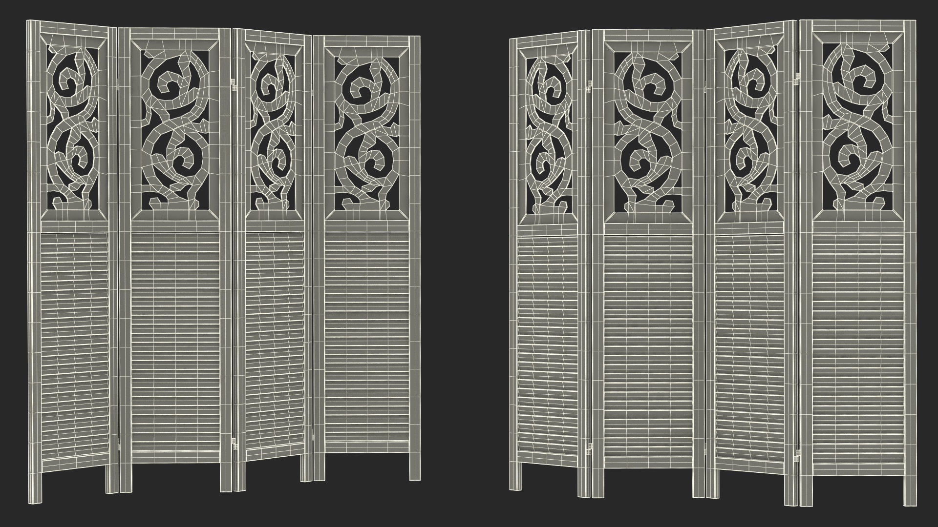 Gray Carved Wood Folding Room Divider 3D