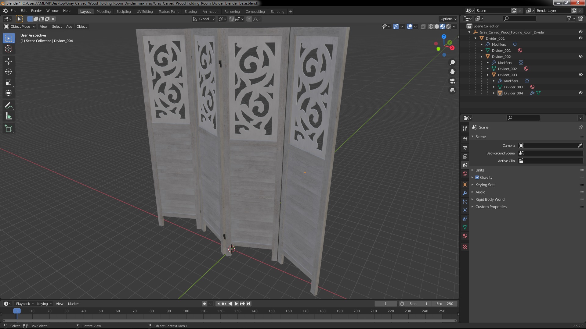 Gray Carved Wood Folding Room Divider 3D