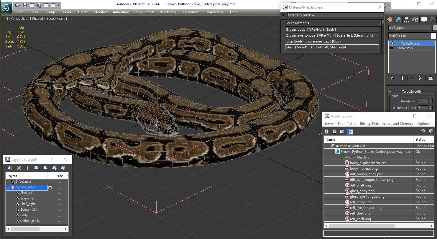 3D model Brown Python Snake Curled pose