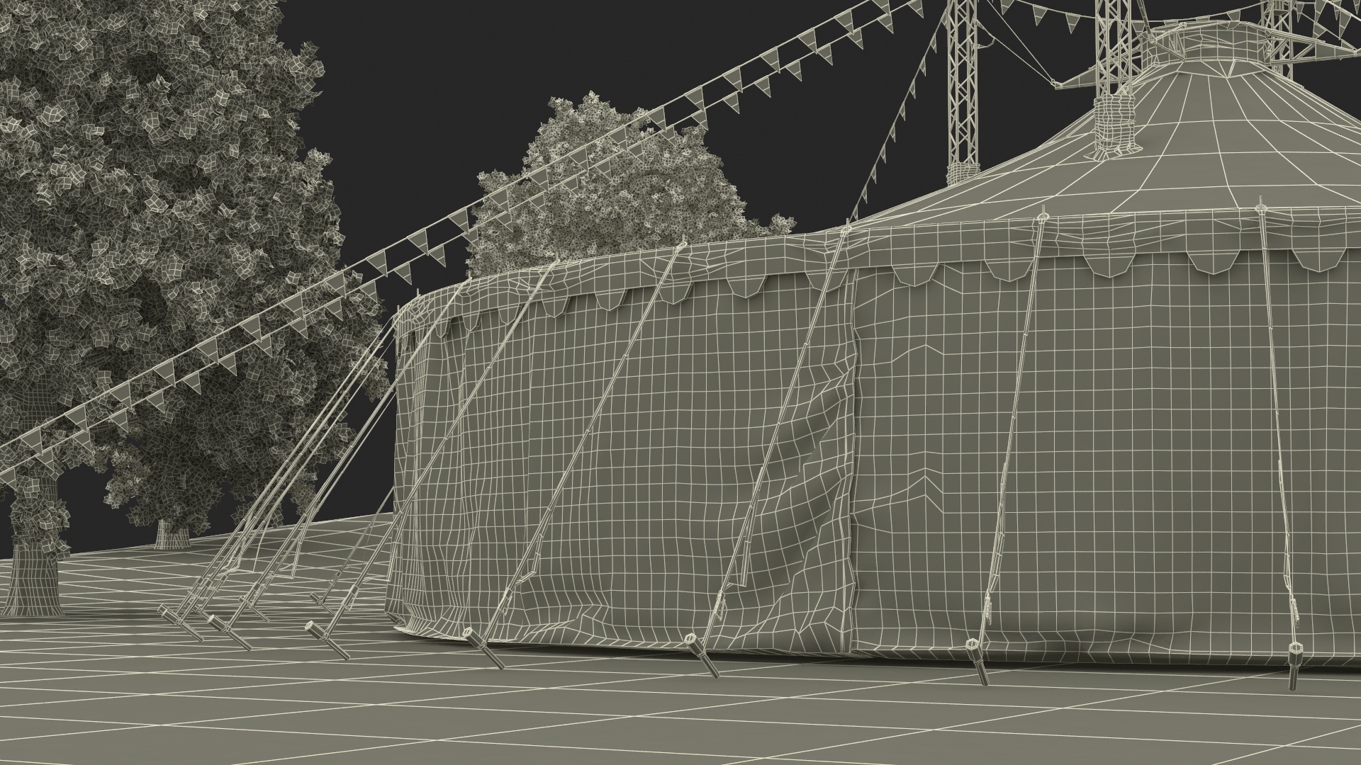 Circus Tent with Flags and Trees in Park with Fur 3D model