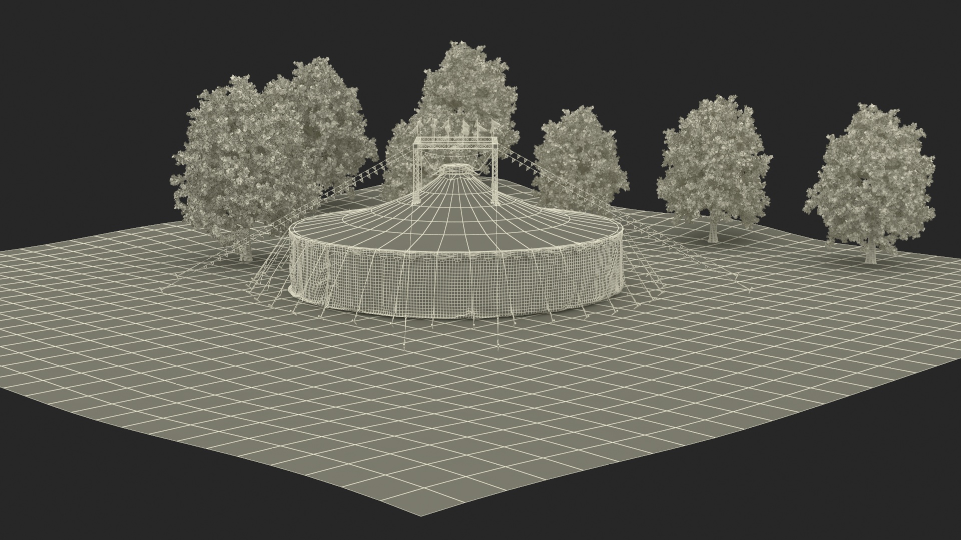 Circus Tent with Flags and Trees in Park with Fur 3D model