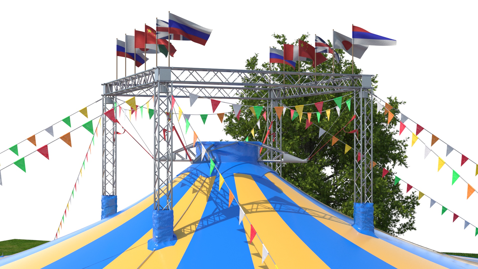 Circus Tent with Flags and Trees in Park with Fur 3D model