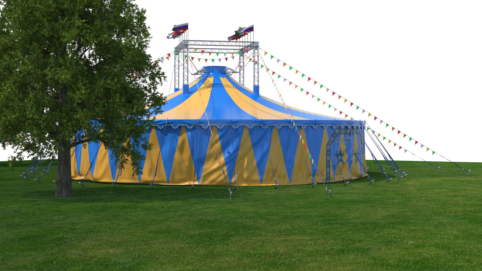 Circus Tent with Flags and Trees in Park with Fur 3D model