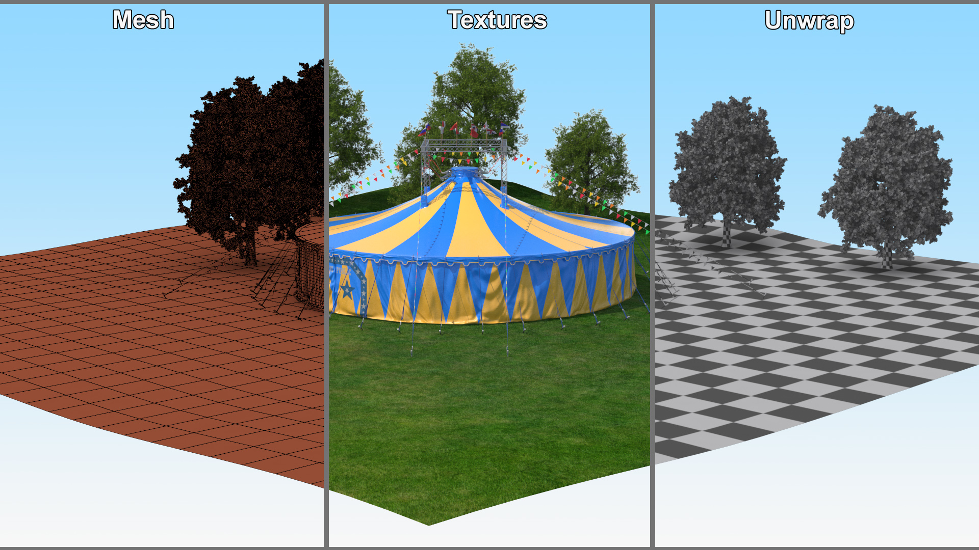 Circus Tent with Flags and Trees in Park with Fur 3D model