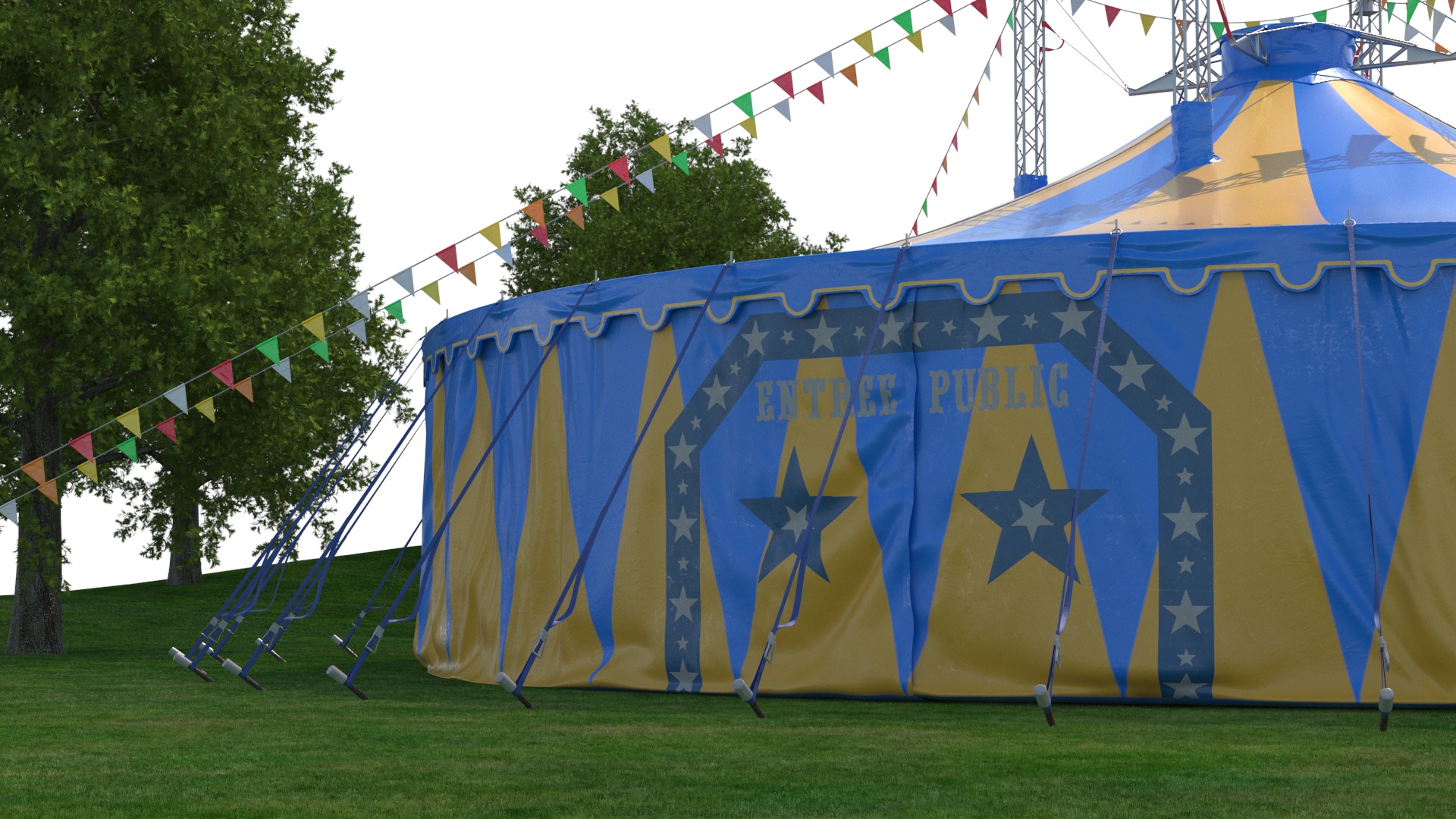 Circus Tent with Flags and Trees in Park with Fur 3D model