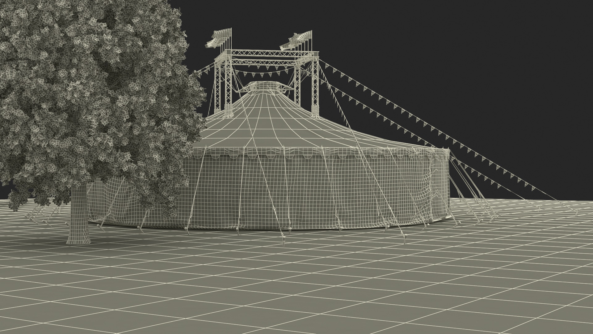 Circus Tent with Flags and Trees in Park with Fur 3D model