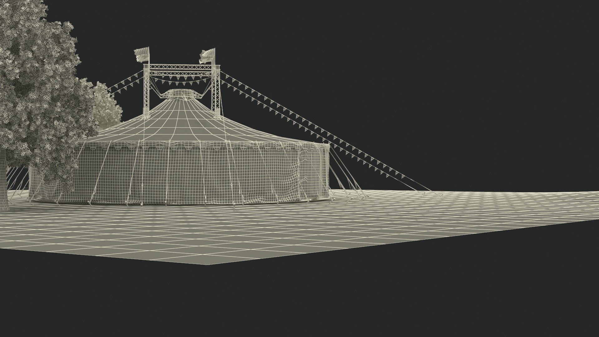 Circus Tent with Flags and Trees in Park with Fur 3D model