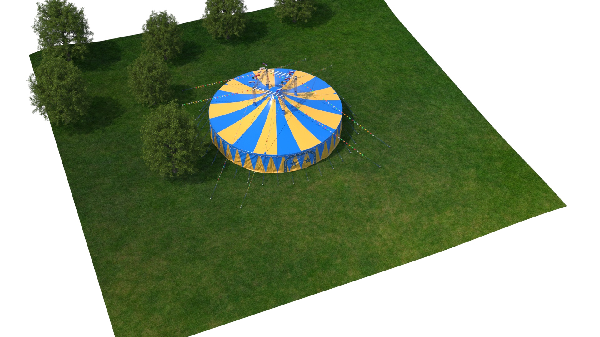 Circus Tent with Flags and Trees in Park with Fur 3D model